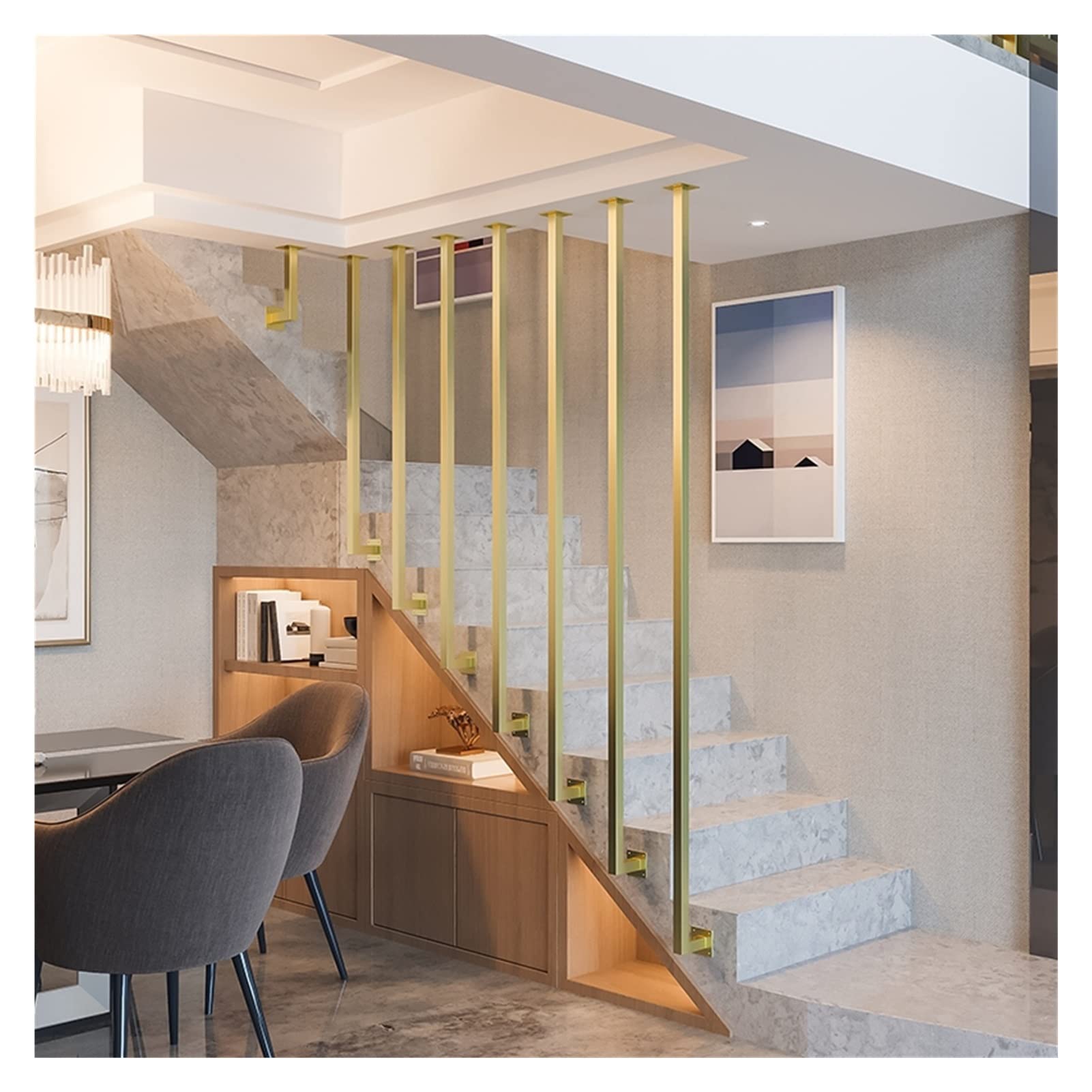 Meiiron Staircase Handrails Side Mounted, Metal Stair Railing 'L' Shaped Stair Iron Balusters Ceiling Stair Handrails for Indoor Steps - Gold (Size : 85cm(2.8ft))