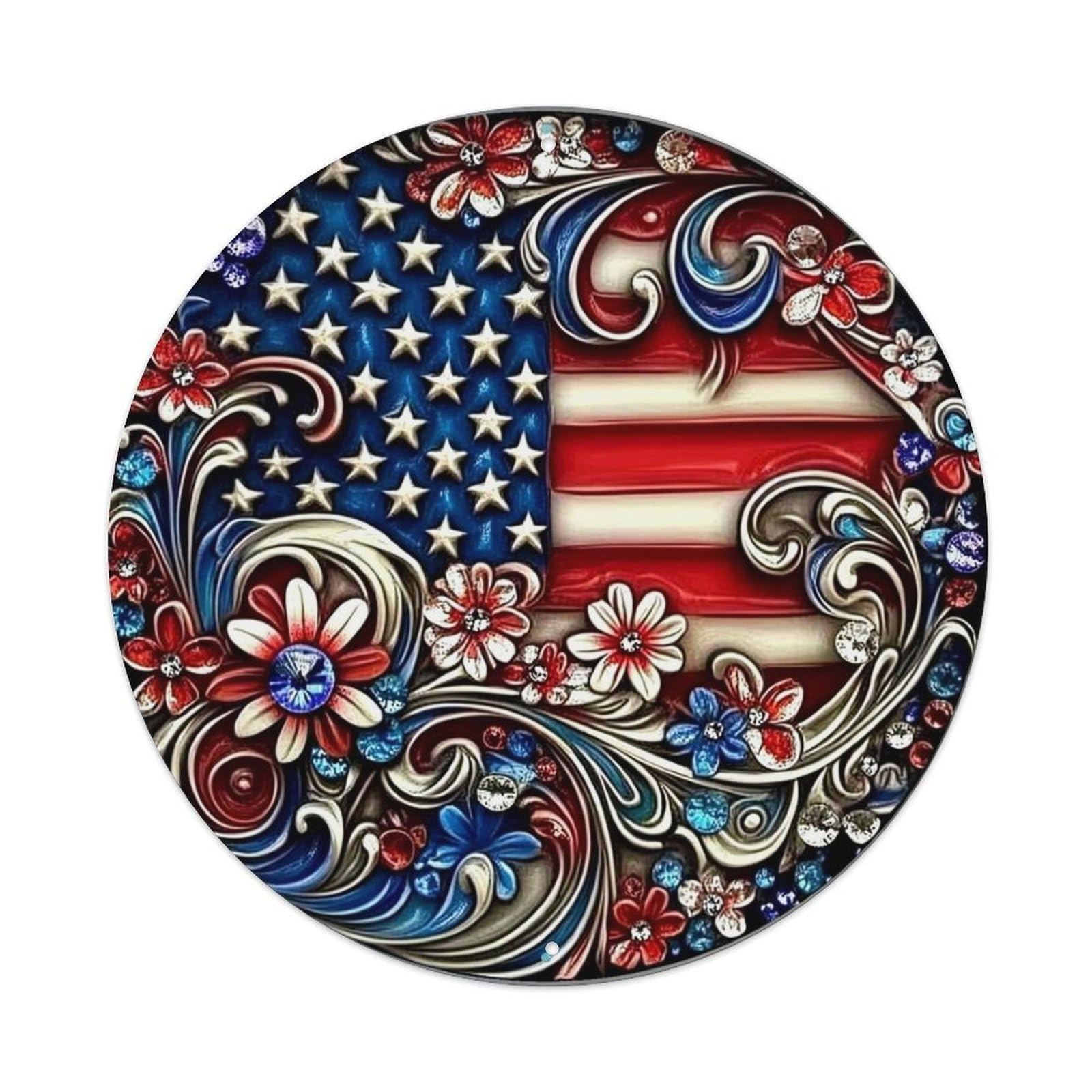 Patriotic Floral Swirl Gem Design Retro Metal Tin Sign, Vintage Metal Poster for home, Gaming Room, Studio Workshop,Bar,Garage Wall Art Decor 8x8 inch
