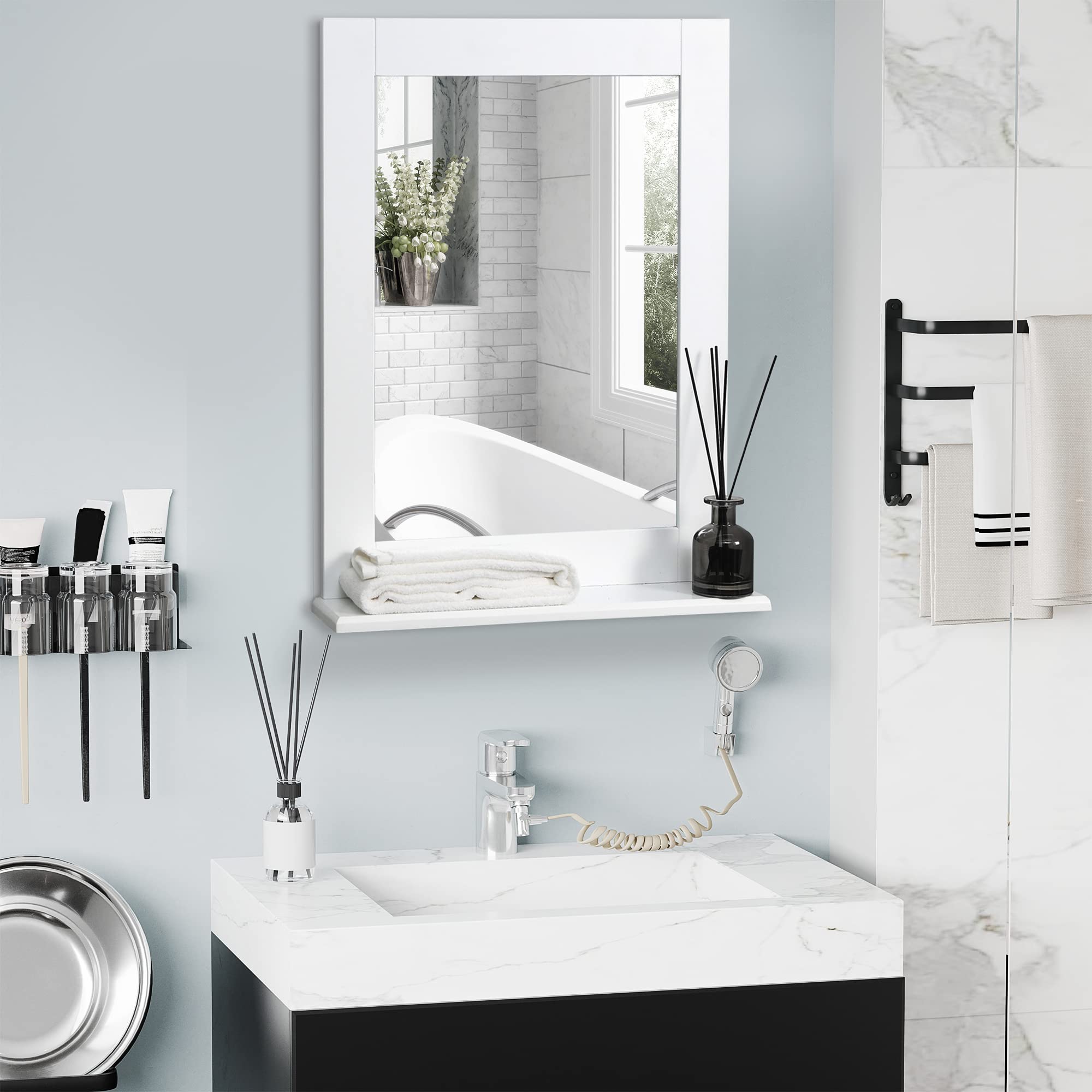kleankin Espejo de Baño 50x11,5x60 cm Espejo de Pared con Estante Blanco | Moderno, Estante de Almacenaje, Marco de Madera, para Dormitorio, para Aseo