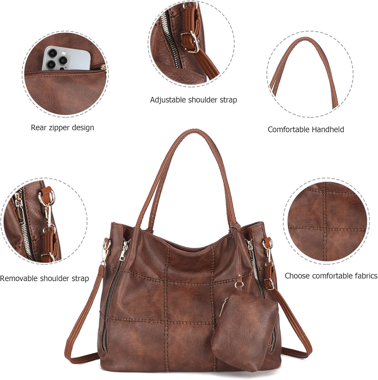 myfriday 2Pcs Soft Tote Handbags for Women Set, Vegan Leather Slouchy Shoulder Handbag Top Handle Satchel Purse - Image 6