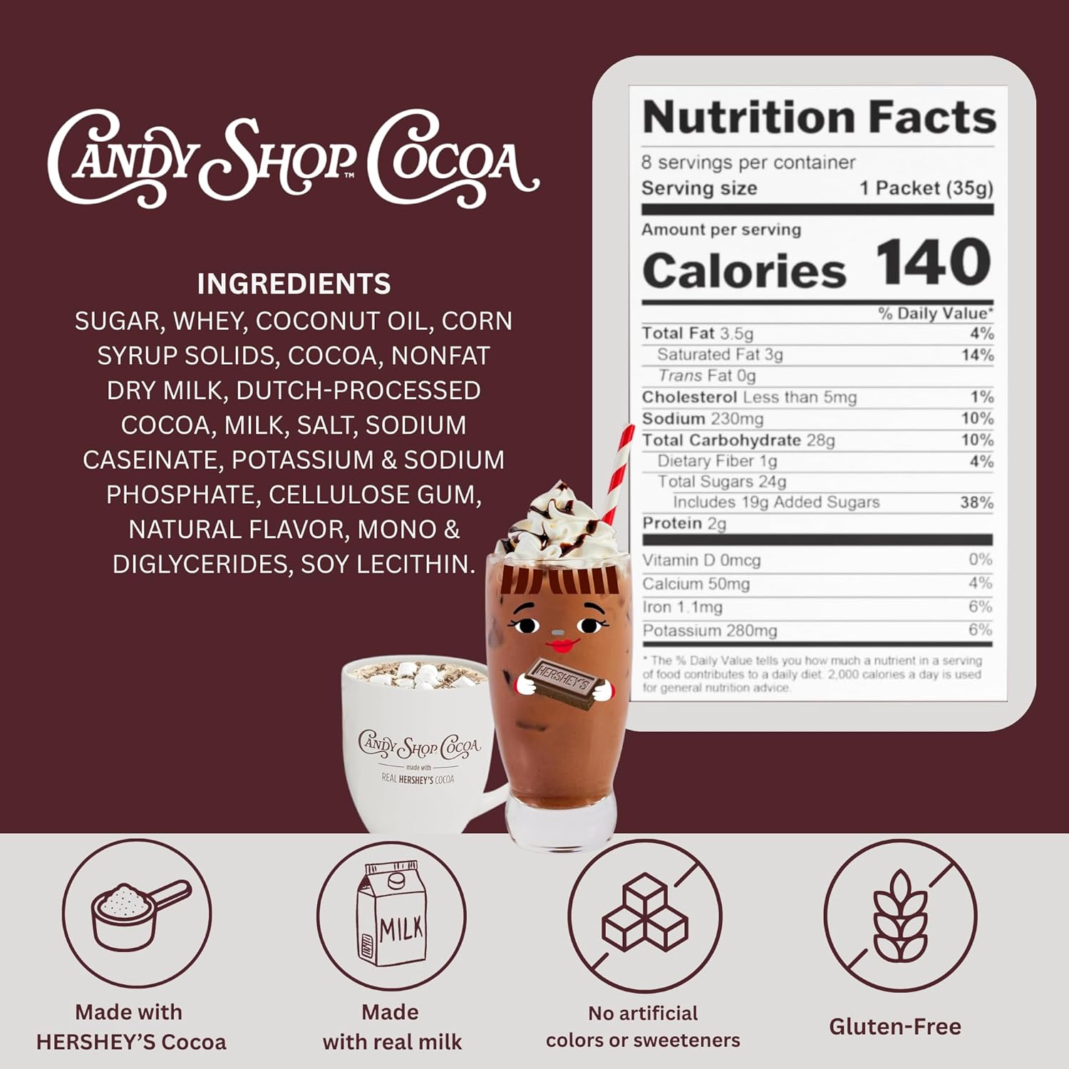 Candy Shop Cocoa HERSHEY'S Milk Chocolate Cocoa Mix, Hot Chocolate, Make Hot or Iced Cocoa, Made With Real Milk, Gluten Free, 1.25 oz packet (24 count)