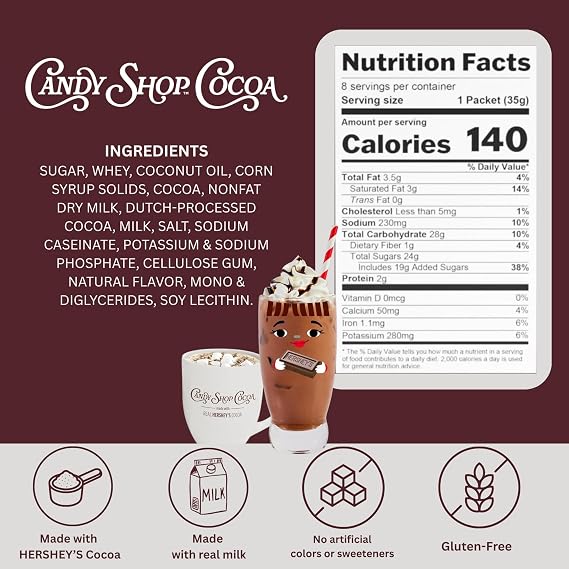 Candy Shop Cocoa HERSHEYS Milk Iced Cocoa Mix, 1.25oz, 8 Pack | HERSHEYS milk chocolate cocoa mix with rich, creamy chocolate flavor; just add water for smooth hot or iced drinks anytime