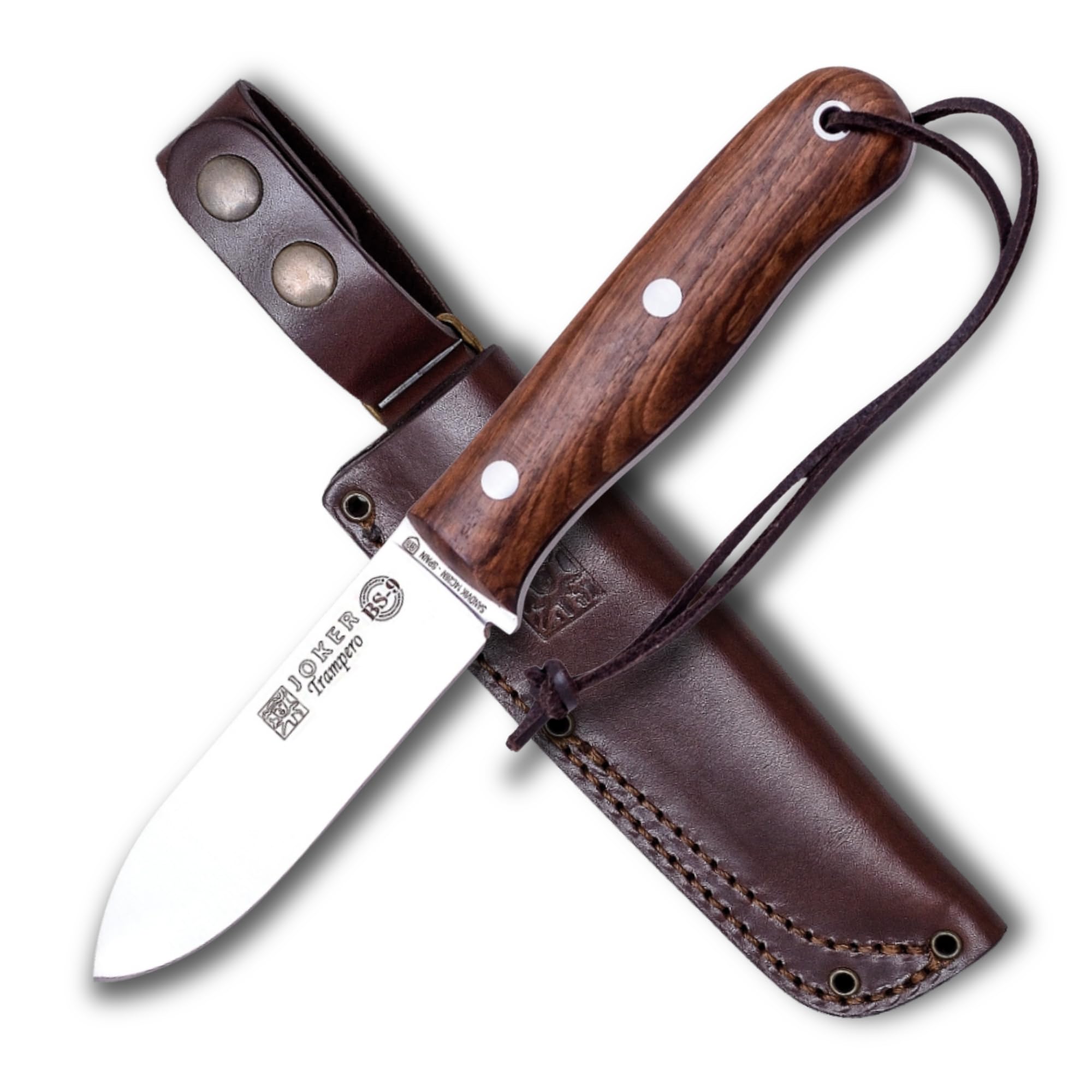 Joker Jagdmesser CN113 Trampero, Gürtelmesser mit Griff aus Nussbaumholz, braune Lederscheide, 10 cm Klinge aus Sandvik-Stahl 14c28n, Werkzeug zum Angeln, Jagen, Camping und Wandern