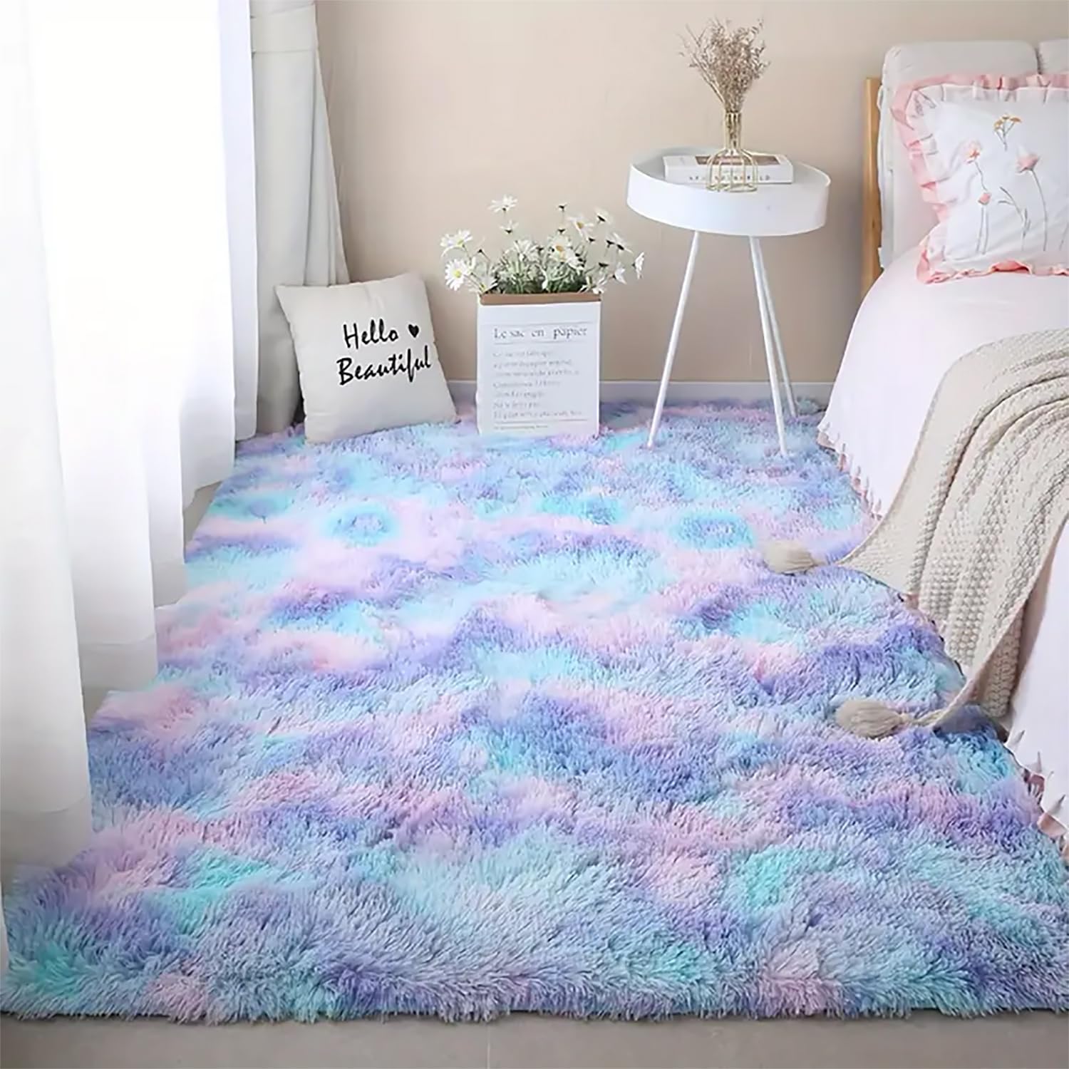 Tappeti morbidi a pelo lungo con tintura tie-dye per camera da letto e soggiorno, tappeto colorato e soffice, piccolo e grande, blu e viola, 120 x 160 cm
