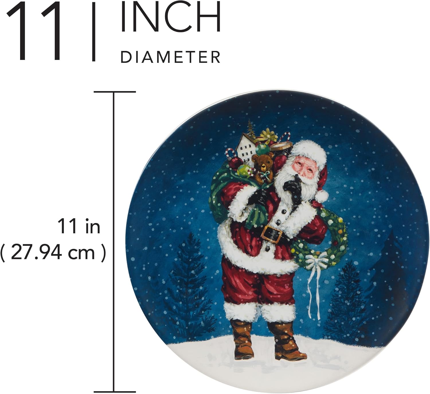 Santa’s Secret Set of 4 Ceramic Dinner Plates – Add classic Christmas charm to every meal with Santa and his reindeer in vibrant red and blue hues that sparkle with seasonal spirit 11"