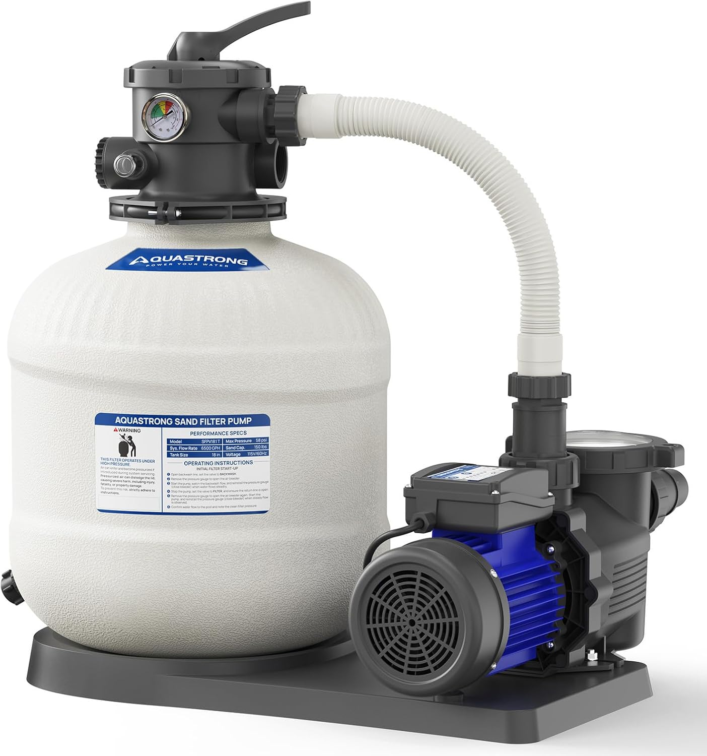 AQUASTRONG 18in Sand Filter Pump with Timer | 1.5 HP, 8100 GPH for Above Ground Pools Up to 28,000 Gallons