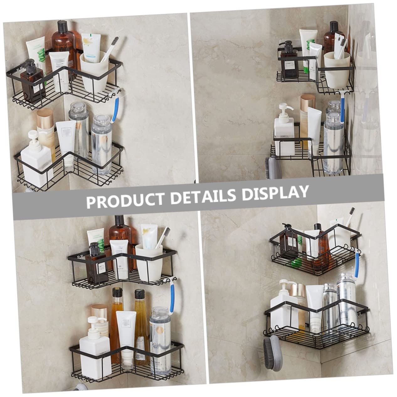 Mensola Doccia senza Foratura in Acciaio Nero 2pezzi Organizer per Bagno Angolare Adesivi Resistenti per Vasca e Parete