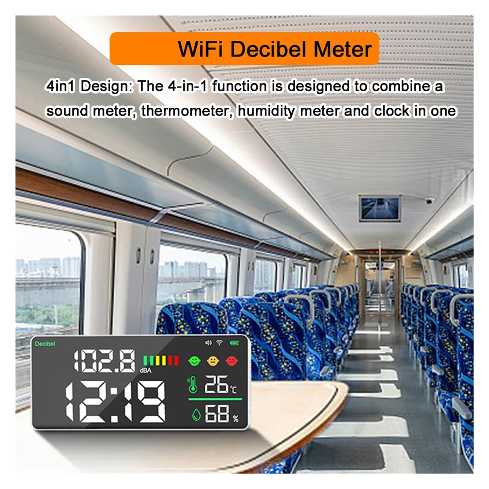 WiFi Noise Decibel Meter 4in1 Temperatur Luftfeuchtigkeit Decibel Test Wecker 11 Zoll LED-Farbverbindungssteuerung Breites Anwendungsspektrum