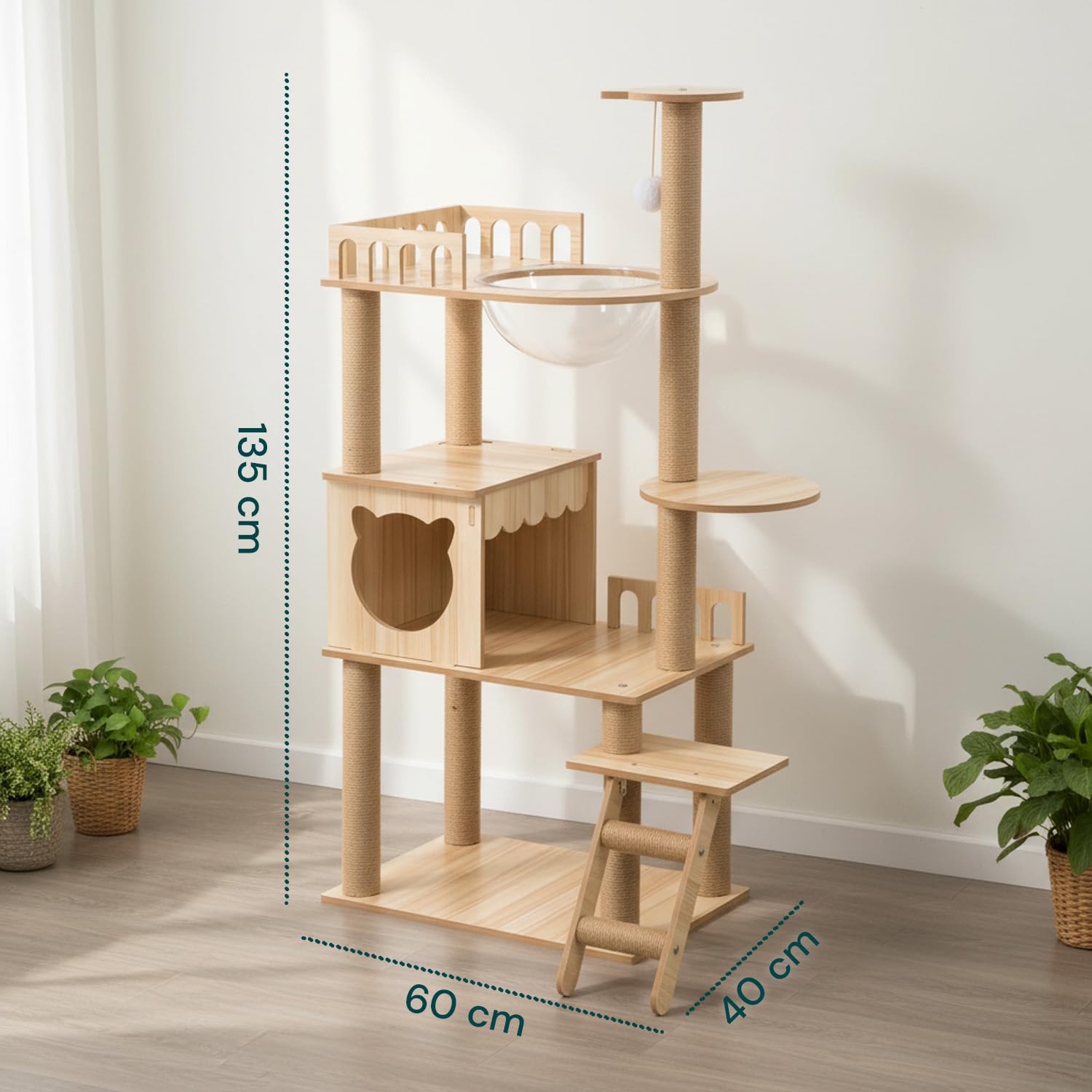 Avilia - Tiragraffi per Gatti Multilivello con Cuccia, Piattaforme in MDF e Colonne in Sisal, H135 cm, con Amaca Trasparente e Pallina Pendente, per Gioco, Relax e Osservazione