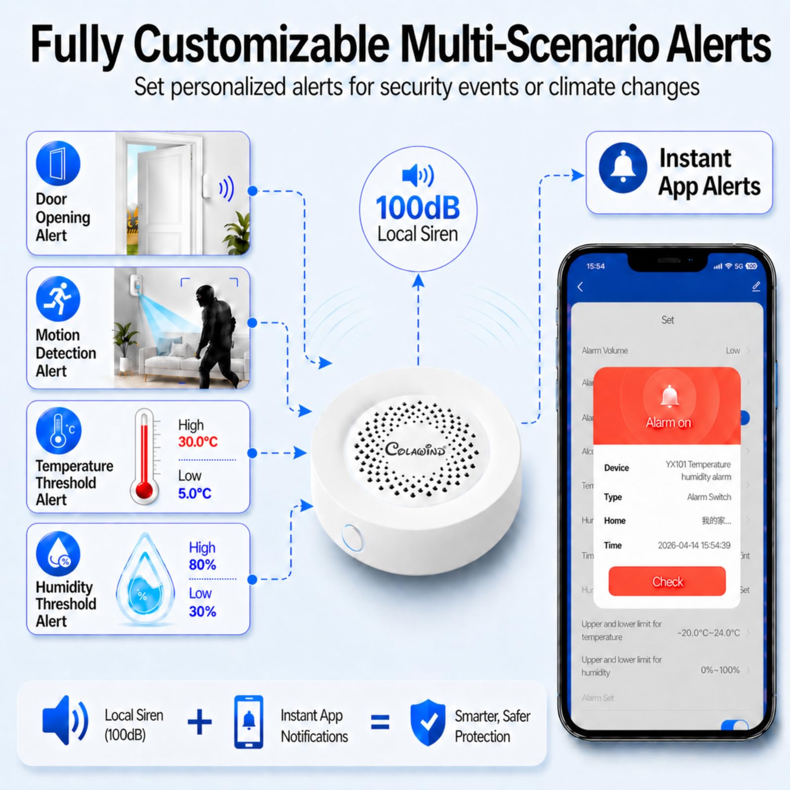 Sensore WiFi di Temperatura e Umidità con Allarme Sirena 100dB, Termometro e Igrometro Intelligente, Monitoraggio Remoto via App e Avvisi in Tempo Reale per Casa, Invernadero, Cantina