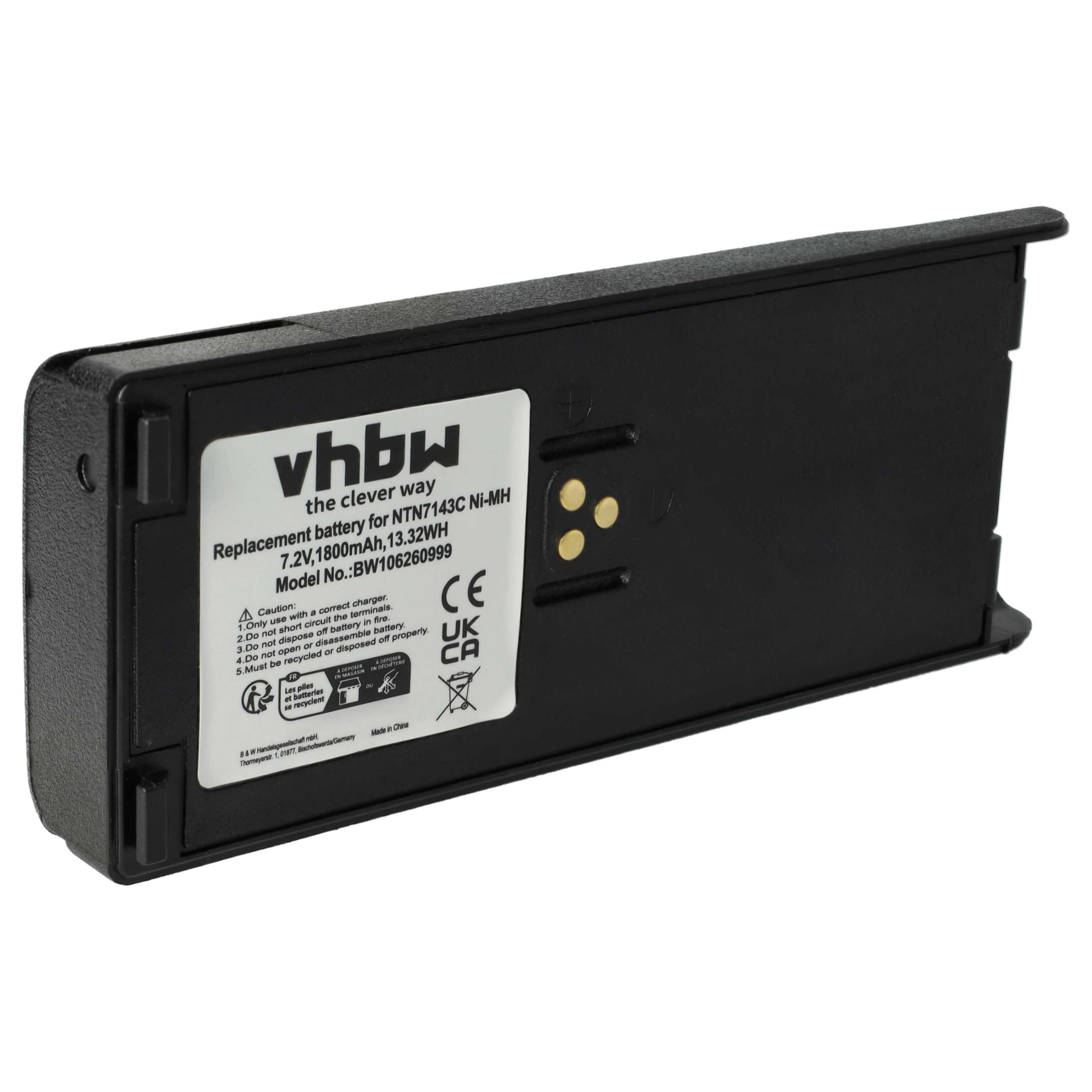 vhbw NI-MH akumulator 1800 mAh (7,5 V) do krótkofalówki Motorola MTS2000, MTS2010, MTS2013, MT2100, HAT1000, HT1000, Radius GP900, GP1200 jak NTN7143C, NTN7144C.