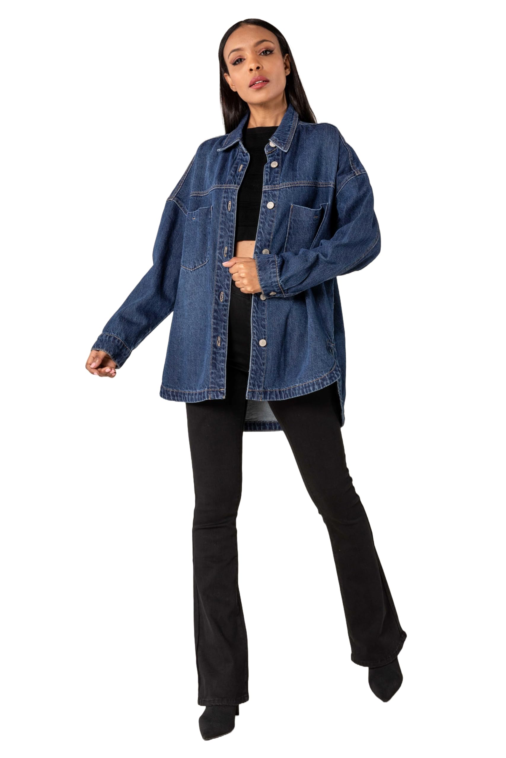 Nina Carter S539 Camisa vaquera de gran tamaño para mujer, chaqueta vaquera ligera, chaqueta de entretiempo, chaqueta de camisa con efecto de lavado, aspecto desgastado, informal