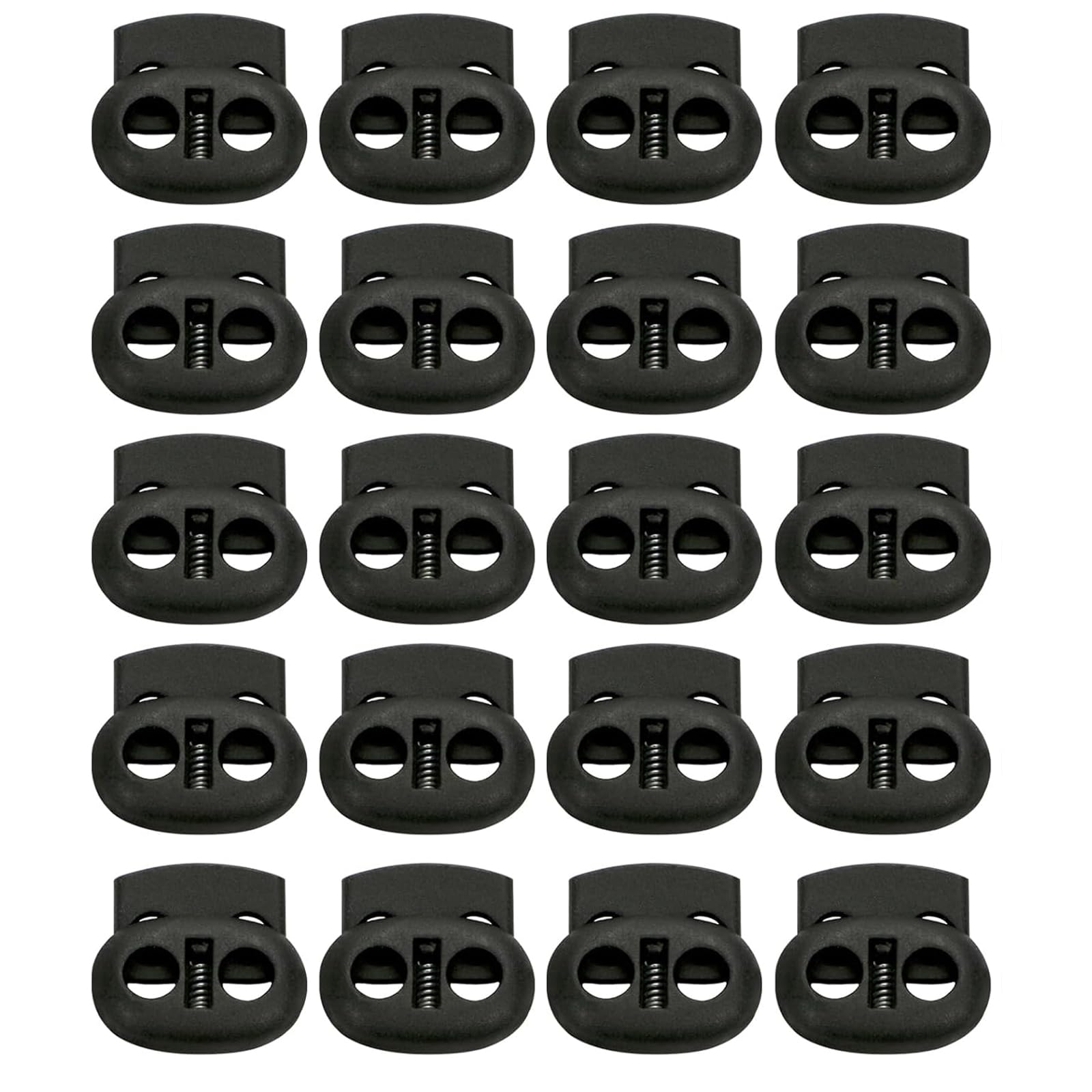 Zbssny 20 Pack Toggles for Drawstrings, Dual-Holes Spring Cord Locks Set, Cord Locks Set Toggle Loaded Plastic Round Ends Stopper Fastener Oval Locks, Black, 5mm