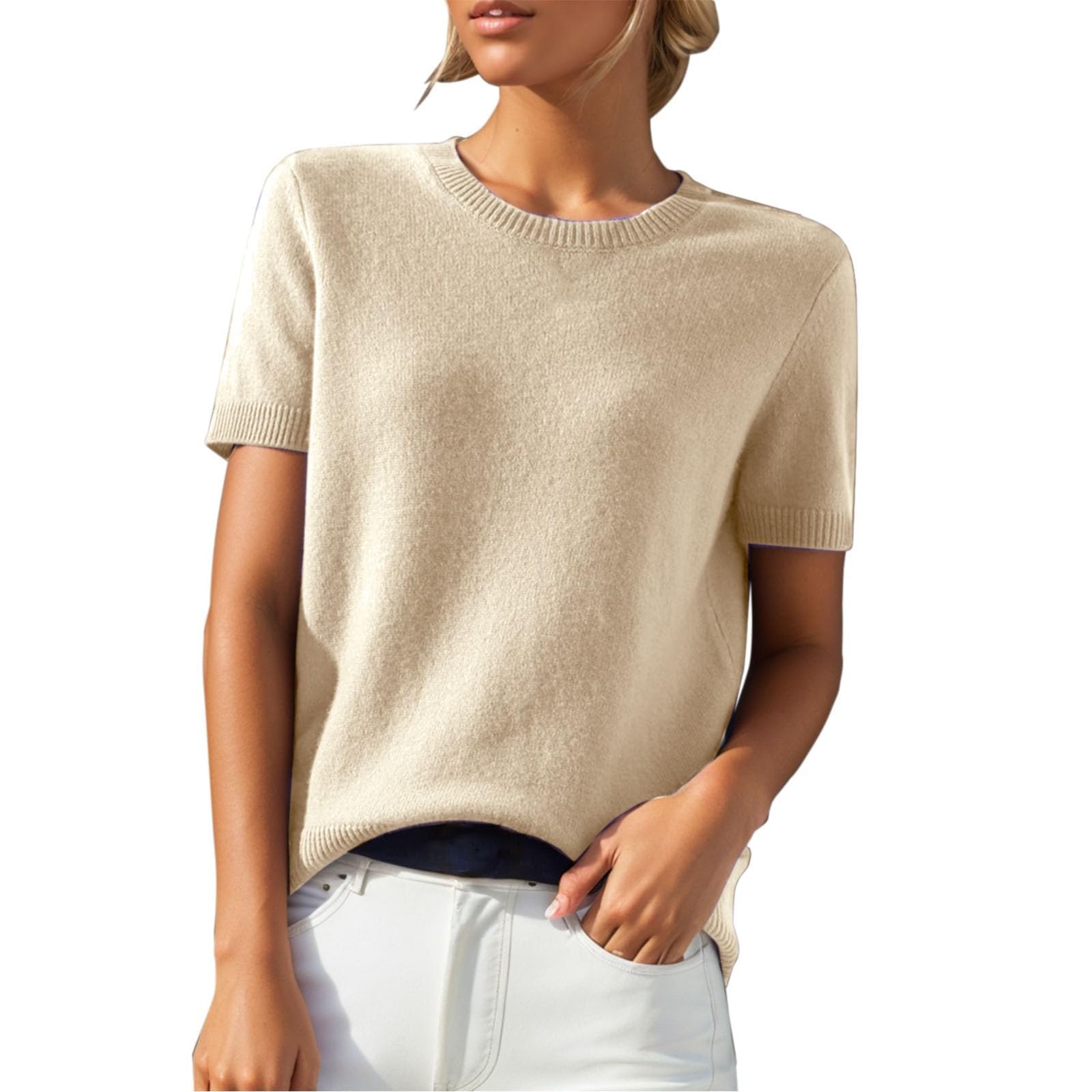 KHIRVWL Kurzarm Pullover Damen, Mode Rundhalsausschnitt Strickshirt Elegant Leicht Kurzarm Pullover Frühling und Sommer Einfarbiges Gestricktes Freizeittop Oberteil Elegant Sommer Damen Tshirt