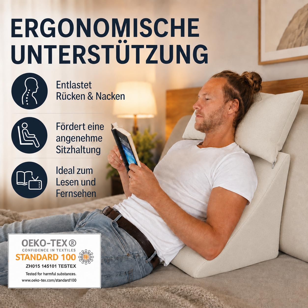 Lesekissen Set Beige | Komfortabel für Bett und Sofa, Ergonomisches Rückenkissen, Inklusive Sofakissen, Made in Germany
