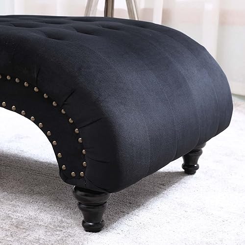 Miniatura 4 de ONPNO Chaise Lounge de terciopelo copetudo para interiores silla decorativa de ocio con almohada de lanzamiento para dormitorio negro