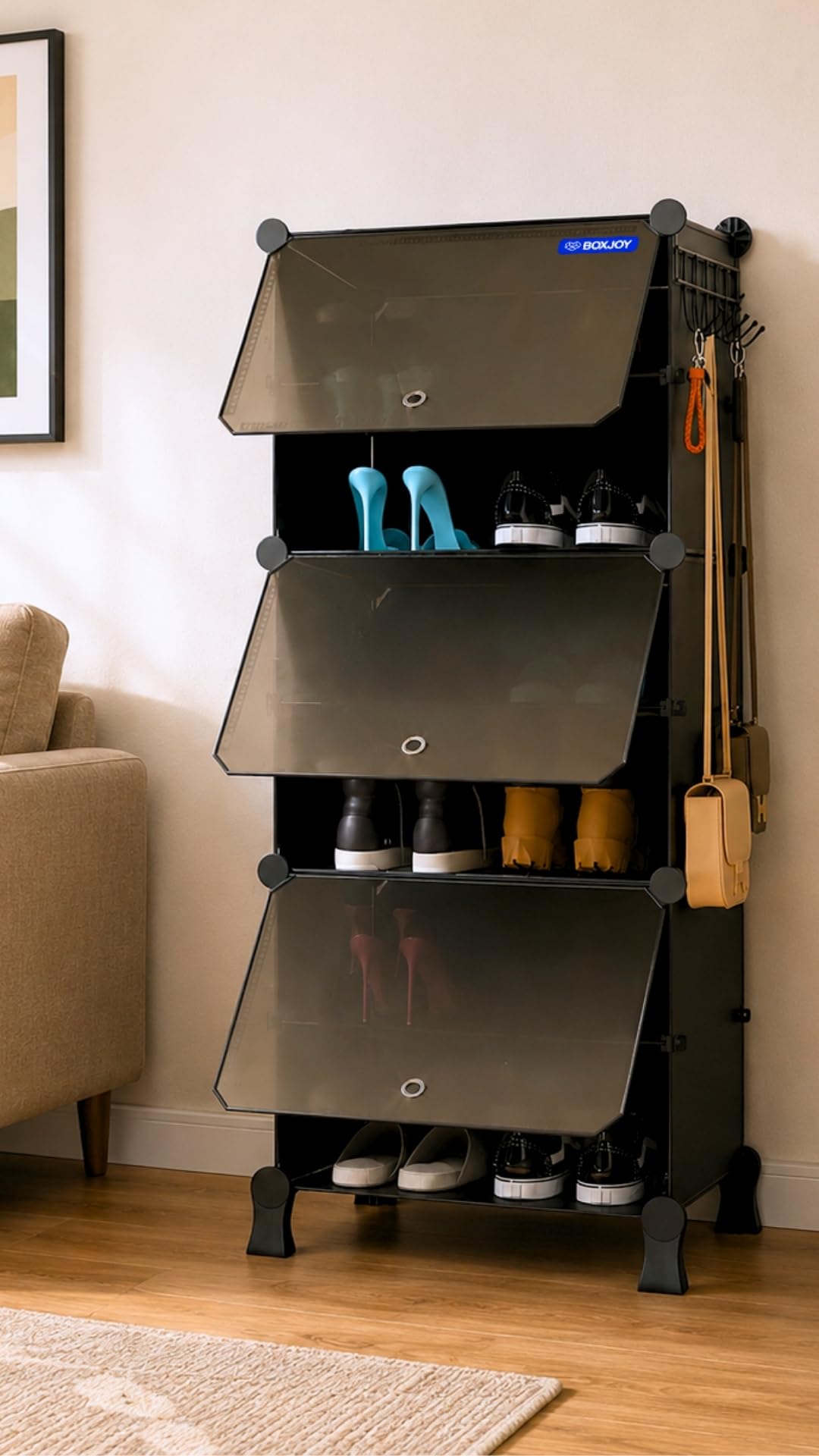 BOXJOY 6 Shelf Black Shoe Rack with Door Magnets, 5 Hook Steel Holder & Wooden Hammer for Home Storage PP Plastic Organizer with Metal Door Frame and Foots for Chappal Slipper Sandals Shoes Box Stand-image-9