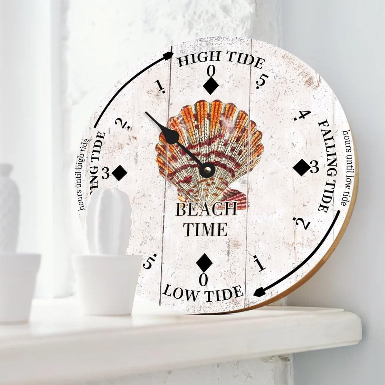 Cheyan Beach Time Shell Tide Clock Silent Non-Ticking Battery Operated Wooden Moon Nautical Tide Movement Clock for Sailing Living Room Restaurant Home Decor Wood Wall Art 15x15 in