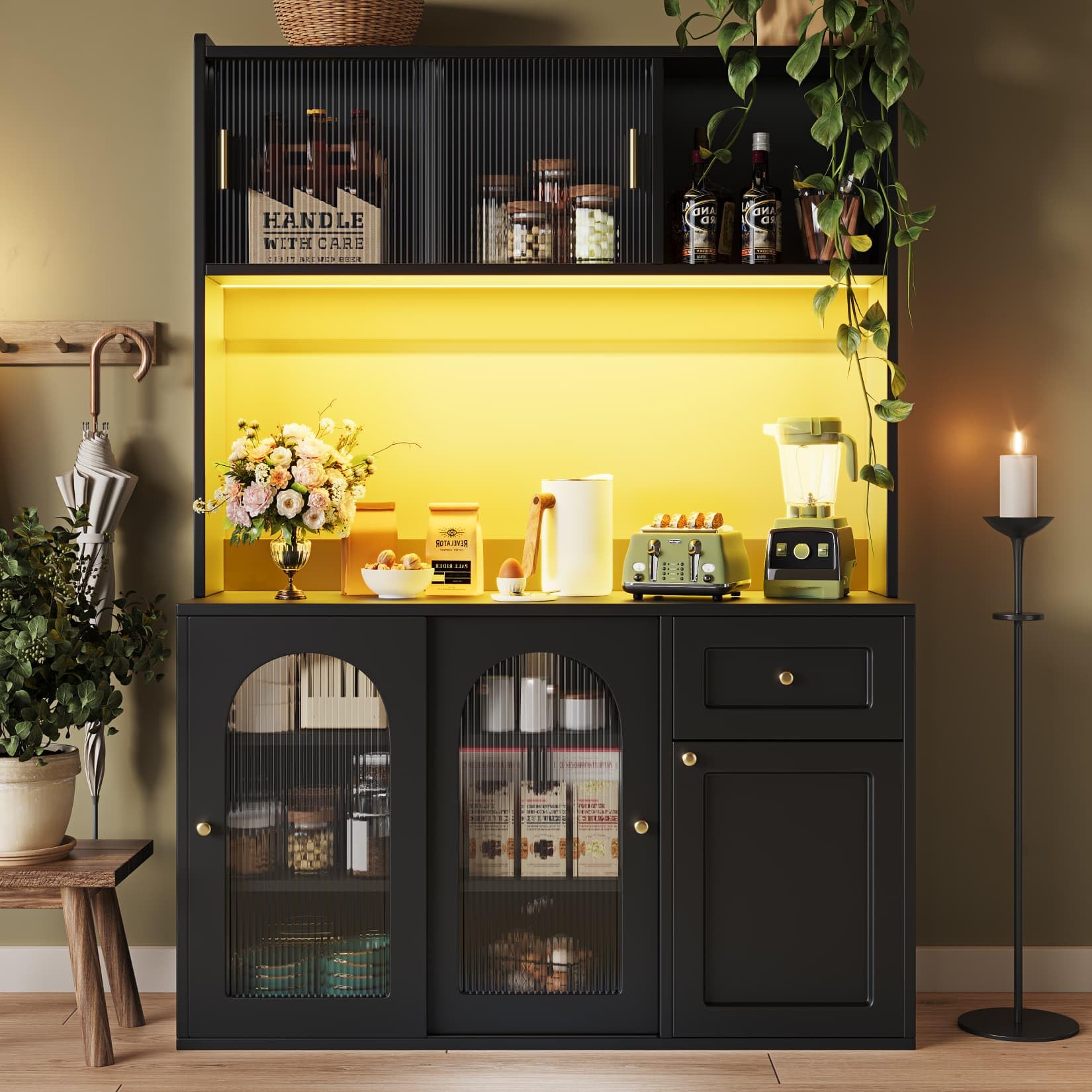 PUGSDRLY Buffet de Cuisine avec éclairage LED,Vitrine,Meuble de Rangement avec étagères réglables et Porte coulissante en Verre,Buffet Haut pour Cuisine,Salon et Salles à Manger,120x35x167cm (Noir-C)