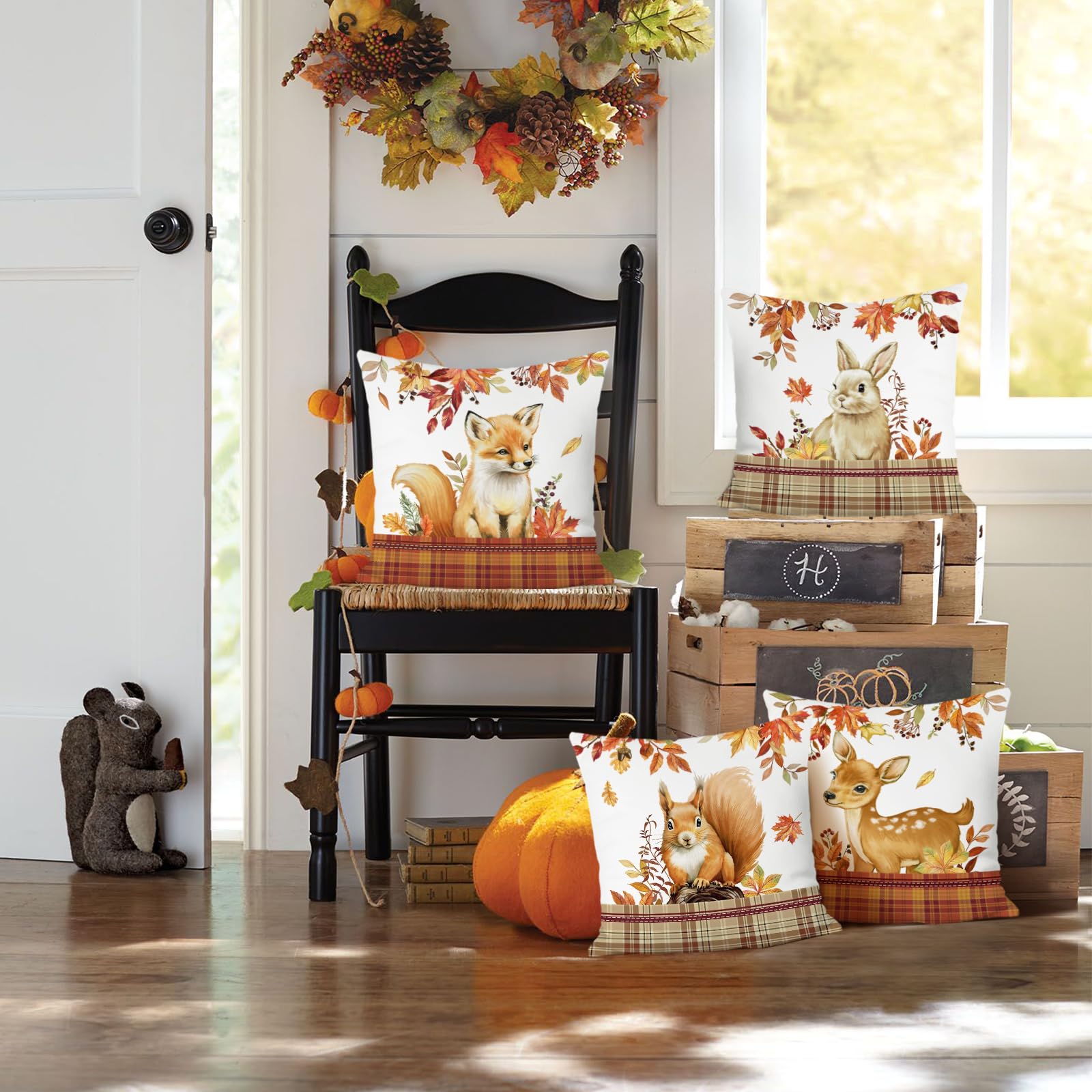 COZZSNUGE Autumn Animals Cushion Covers - Mushroom Deer Squirrel Rabbit Fox Design, Set Of 4, 45x45 Cm - View #5