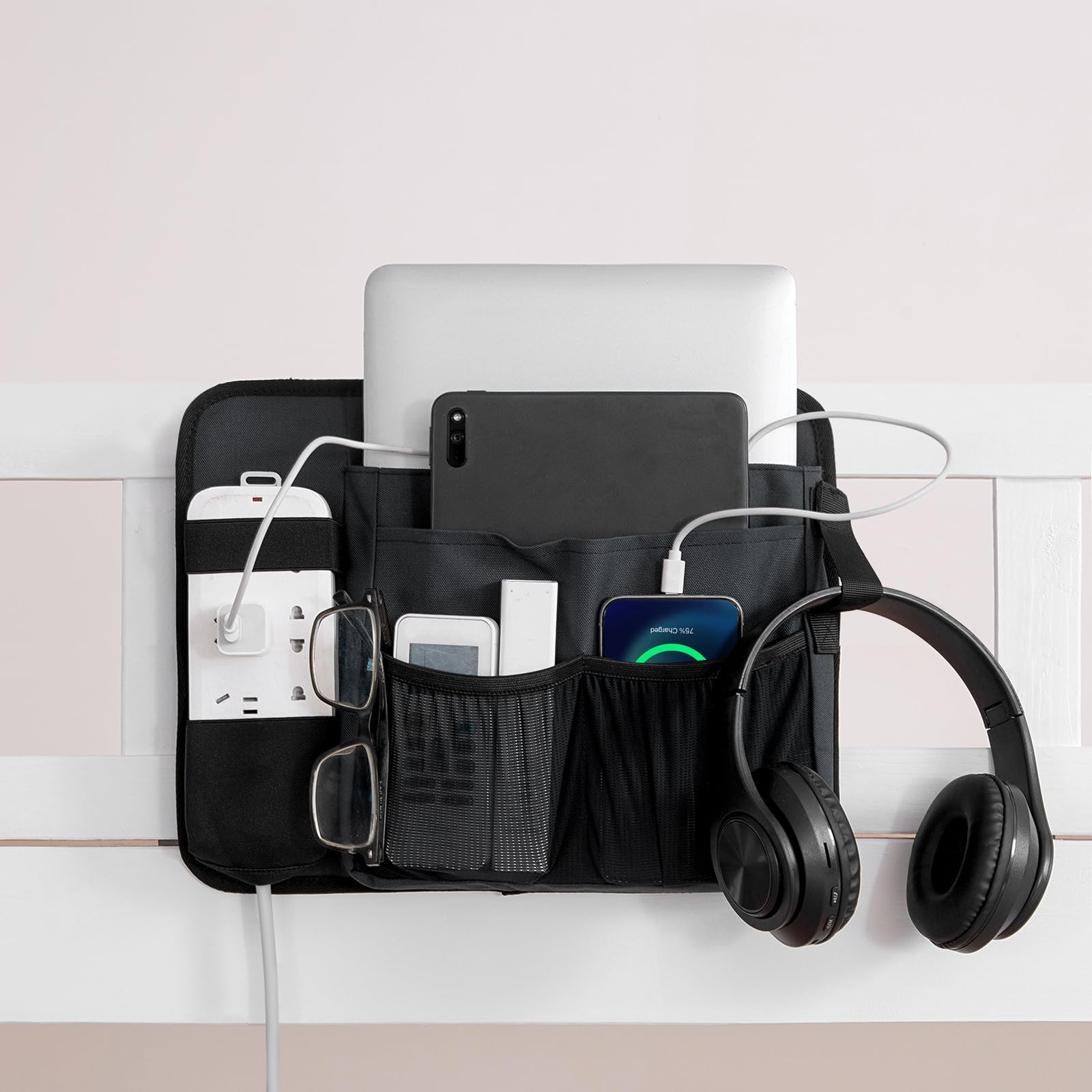 WOMACO Bedside Caddy with Power Strip Pocket, Heavy Duty Bunk Bed Caddy Organizer, Hanging Bed Side Storage Caddy with Powerstrip Holder for Dorm, Hospital, Loft Bed (Black)