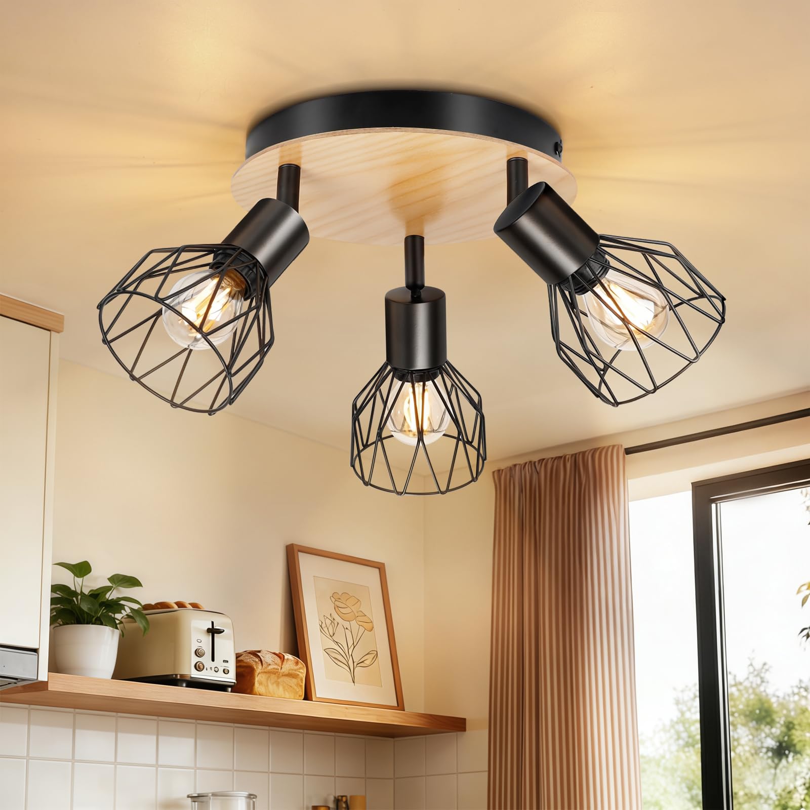 Plafonnier Spot Orientable Luminaire Plafonnier E14 Modèle Bois Spots de Plafond Led Cuisine 3 Spots Noir Plafonnier Industriel pour Cuisine Chambre Salon，Sans Ampoules