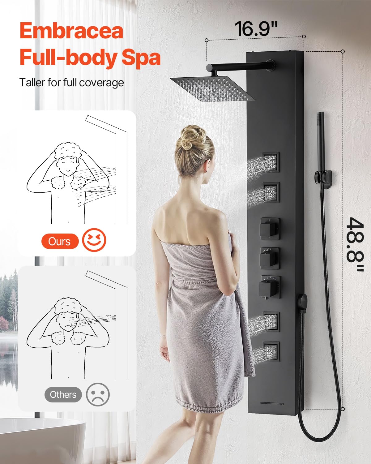 VEVOR Duschpaneel-Turmsystem (4 in 1) mit Regenwasserfall-Duschkopf, (124 cm) Duschsäule aus gebürstetem Edelstahl, Regenmassagesystem zur Wandmontage, mit Handbrause & 4 kleiner Massagedüsen