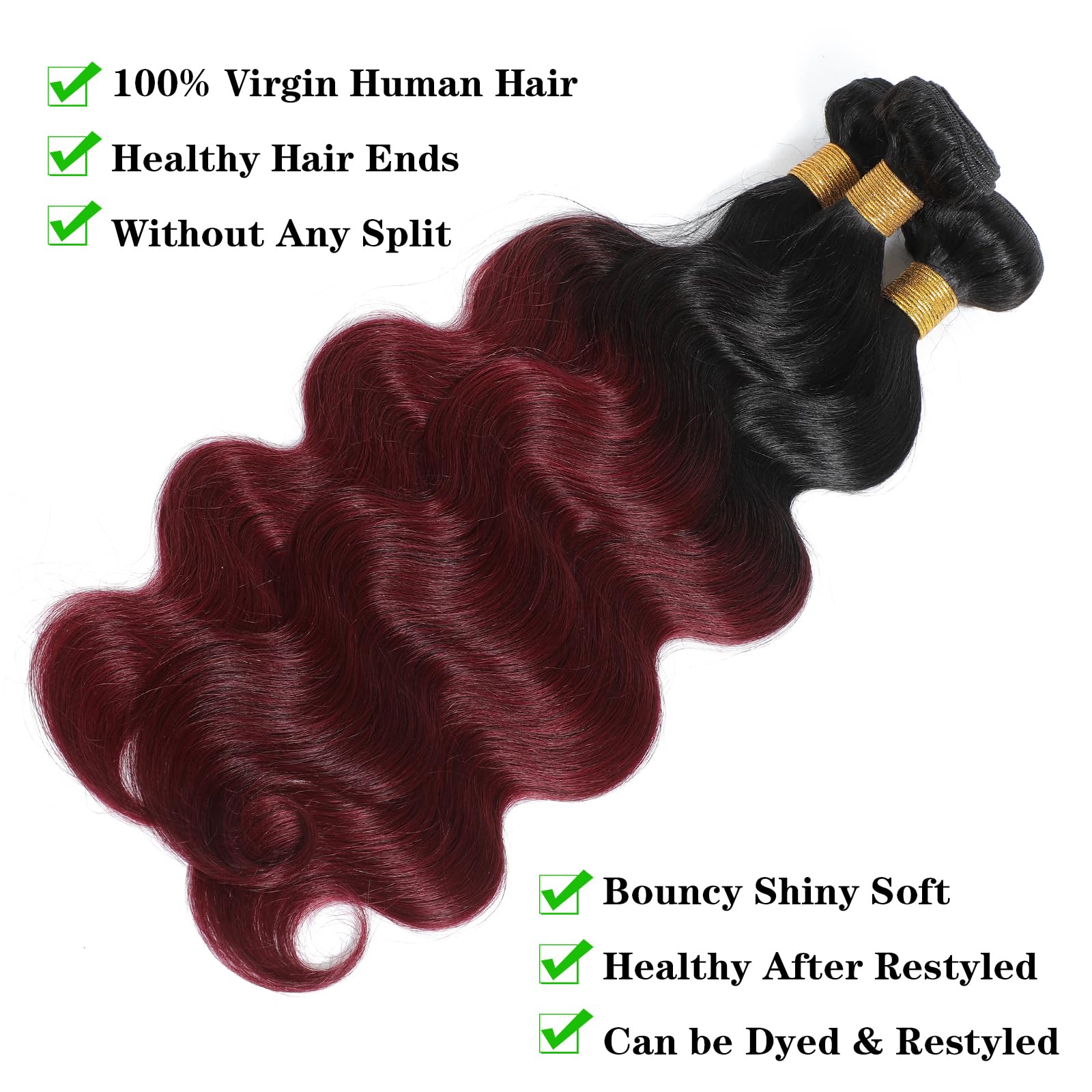 Kapelli Hair Ombre Human Hair Bundles Body Wave (14 16 18) 100% Unprocessed Brazilian Virgin Remy Hair Body Wave Bundles 2 Tone Black to Burgundy Human Hair Weave for Women