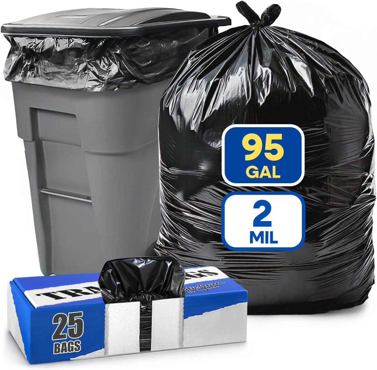 95-96 Gallon Trash Bags, Extra Large Heavy Duty Industrial Durable Black Garbage Can Liners 2 Mil, Fits Rubbermaid Rollout, Round and Square Trash Cans, 61 x 68 (Pack of 25) Bulk