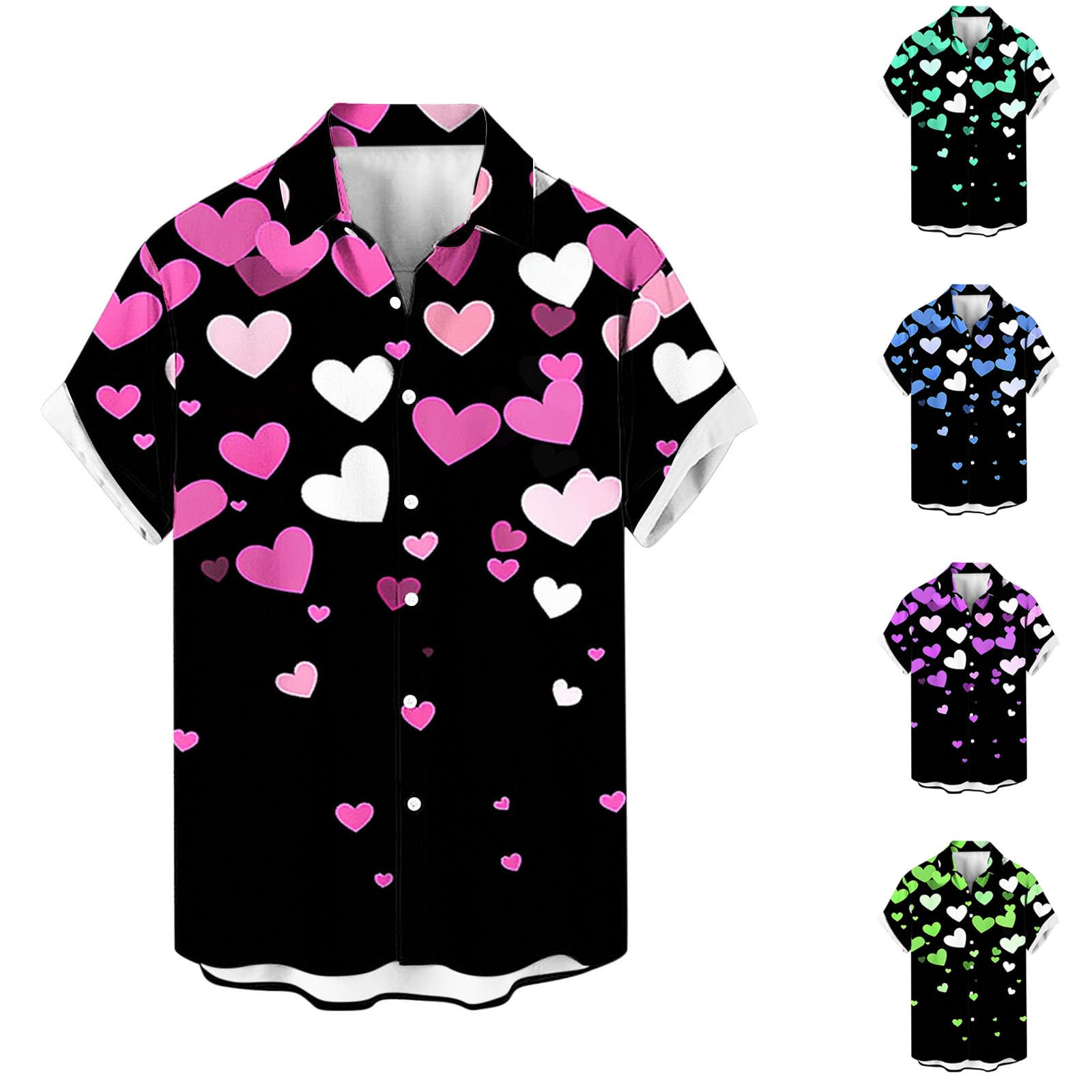 Hawaiian Shirt for Men Valentine's Day Casual Button Up Heart Print Shirts Fashion Short Sleeve Beach Outfits Tops Hot Pink