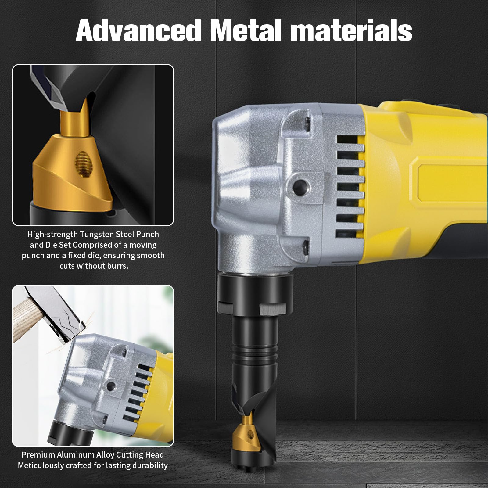 Grignoteuse de tôle compatible DeWalt 20 V, tête rotative 360°, 3 vitesses, moteur sans balais, acier inoxydable, aluminium