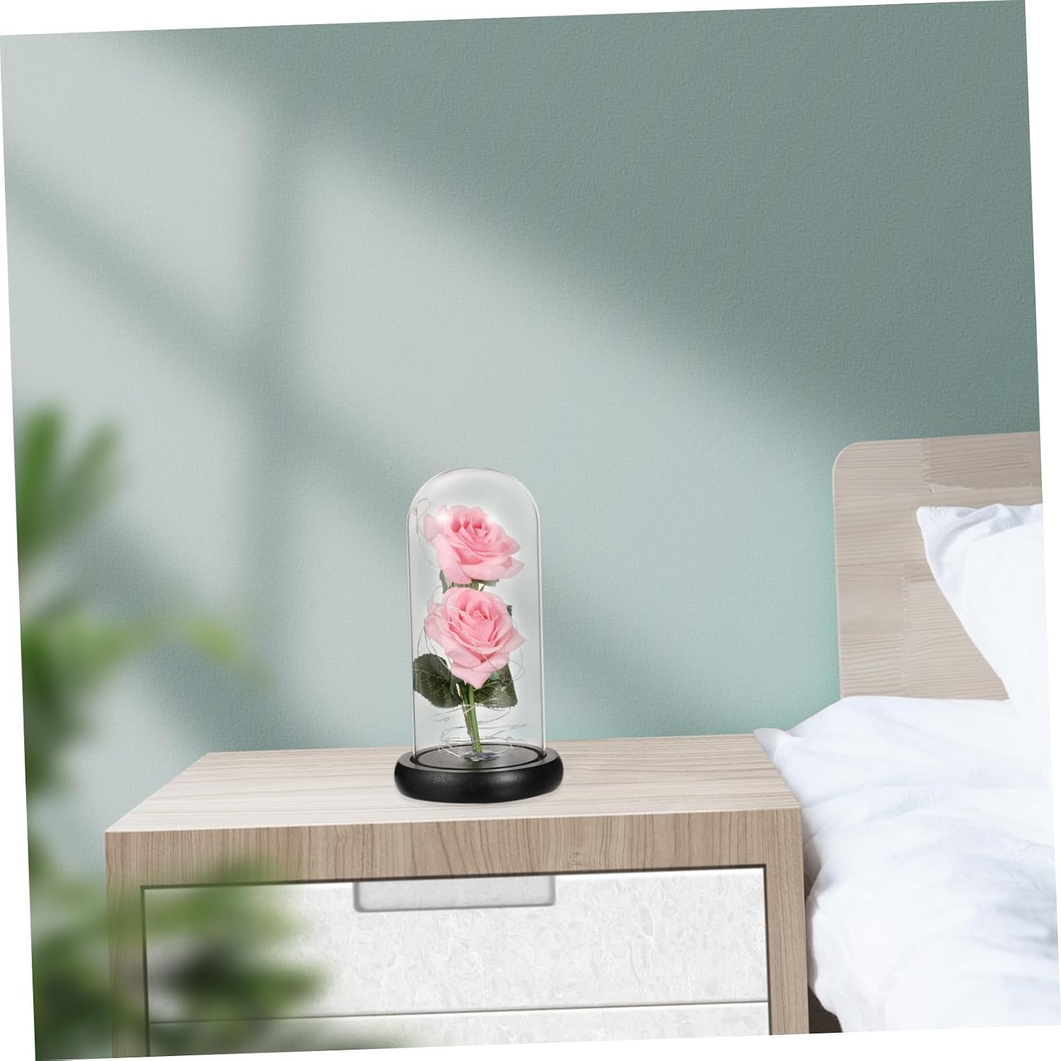 TOYANDONA Artificial Rose Lamp with LED Light, Pink Rose Flower in Glass Dome, Romantic Night Light for Valentine’s Day Decoration, Black Base, Battery Not Included