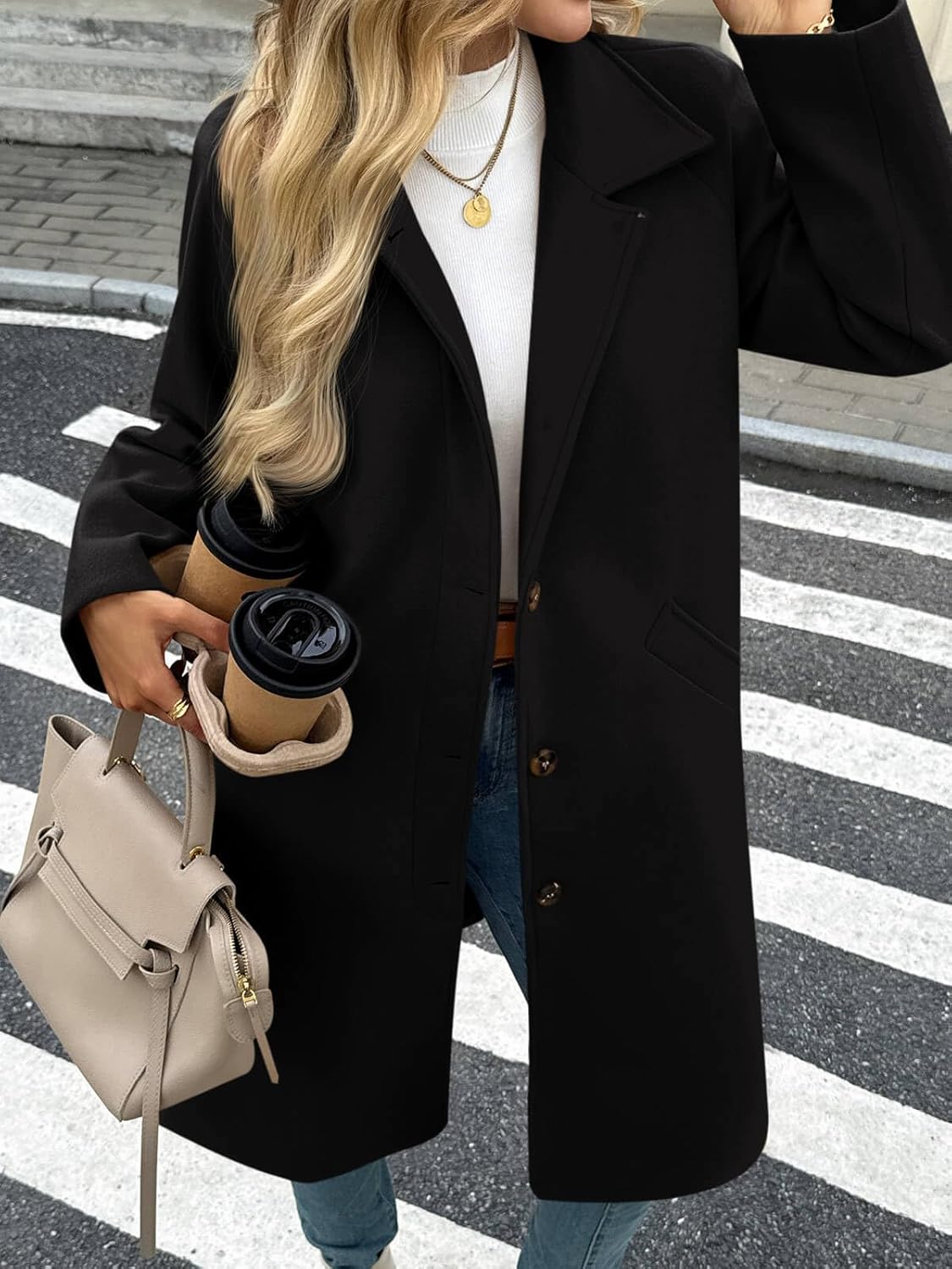 Cicy Bell Womens Long Single Breasted Coats Lapel Collar Peacoat Fall Winter Casual Trench Coat Jacket Outwear