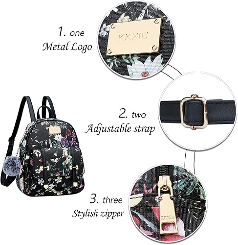 Miniatura 5 de KKXIU Mochila pequeña para mujer bolso de cuero convertible mini mochila cruzada para niñas Mochilas Daypack Negro, Flor negra, Negro (black