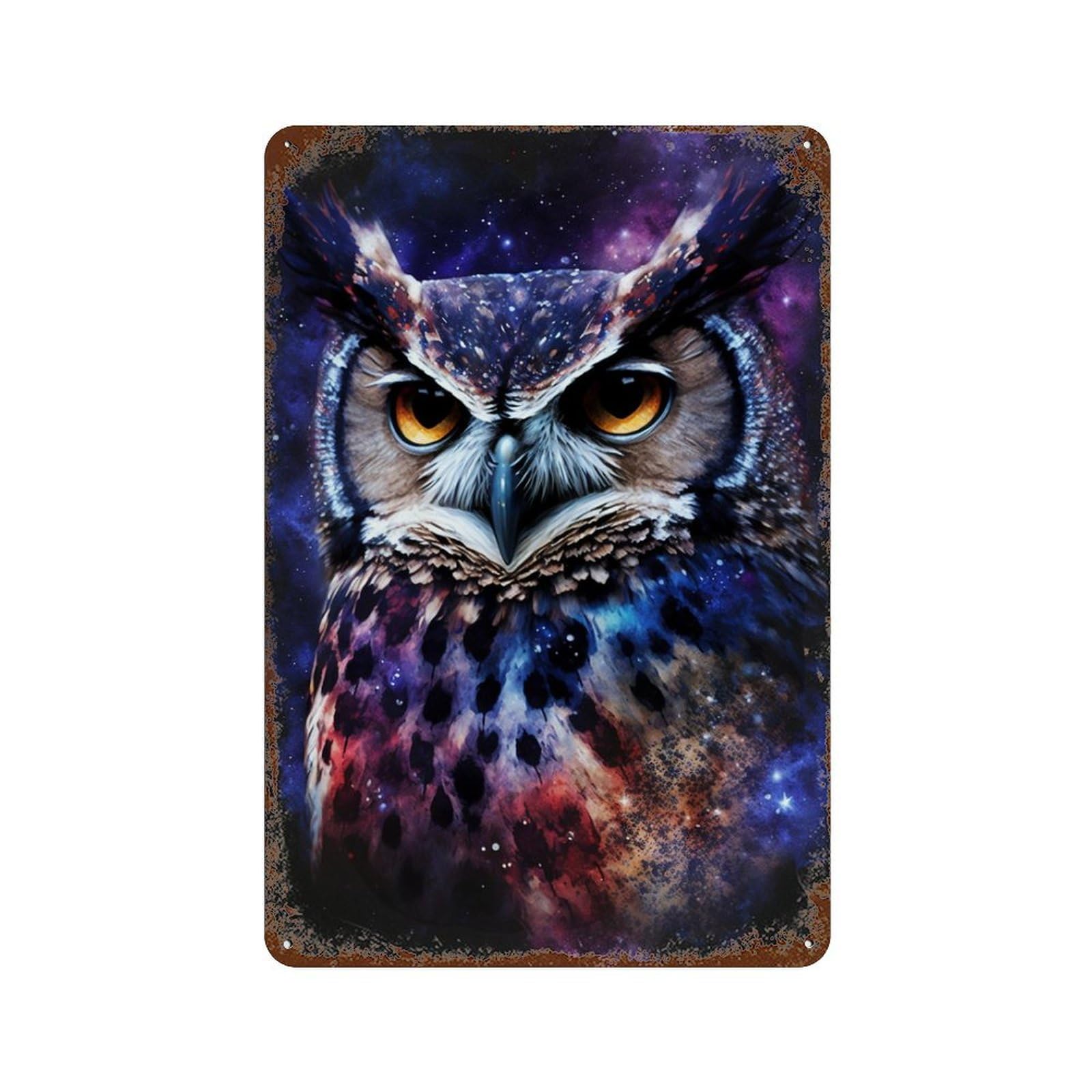 Rust Effect Cosmic Owl Art Print-15 Rusty Metal Tin Sign 11.8"x7.9", Decorative Metal Wall Art for Farmhouse, Kitchen And Entryway Decor