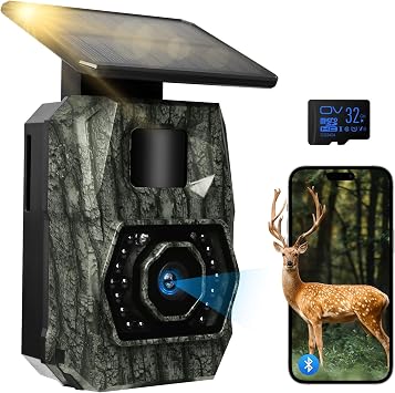 Wildkamera WLAN mit Handyübertragung App, 4K 64MPWildkamera Solar mit Akku 5200mAh Wildtierkamera mit Bewegungsmelder Nachtsicht 0,1s Auslösezeit Wildtierkamera Bluetooth Nachtsichtkamera, IP66