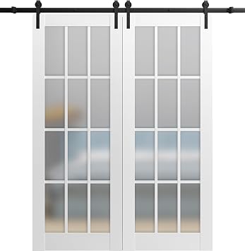 Sturdy Double Barn Door 64 x 84 inches with Frosted Glass 12 Lites | Felicia 3312 Matte White | Top Mount 13FT Rail Hangers Heavy Set | Solid Panel Interior Doors