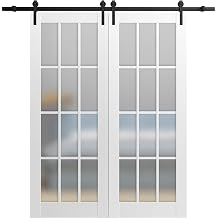 SARTODOORS Sturdy Double Barn Door 84 x 84 inches with Frosted Glass 12 Lites | Felicia 3312 Matte White | Top Mount 13FT Rail Hangers Heavy Set | Solid Panel Interior Doors