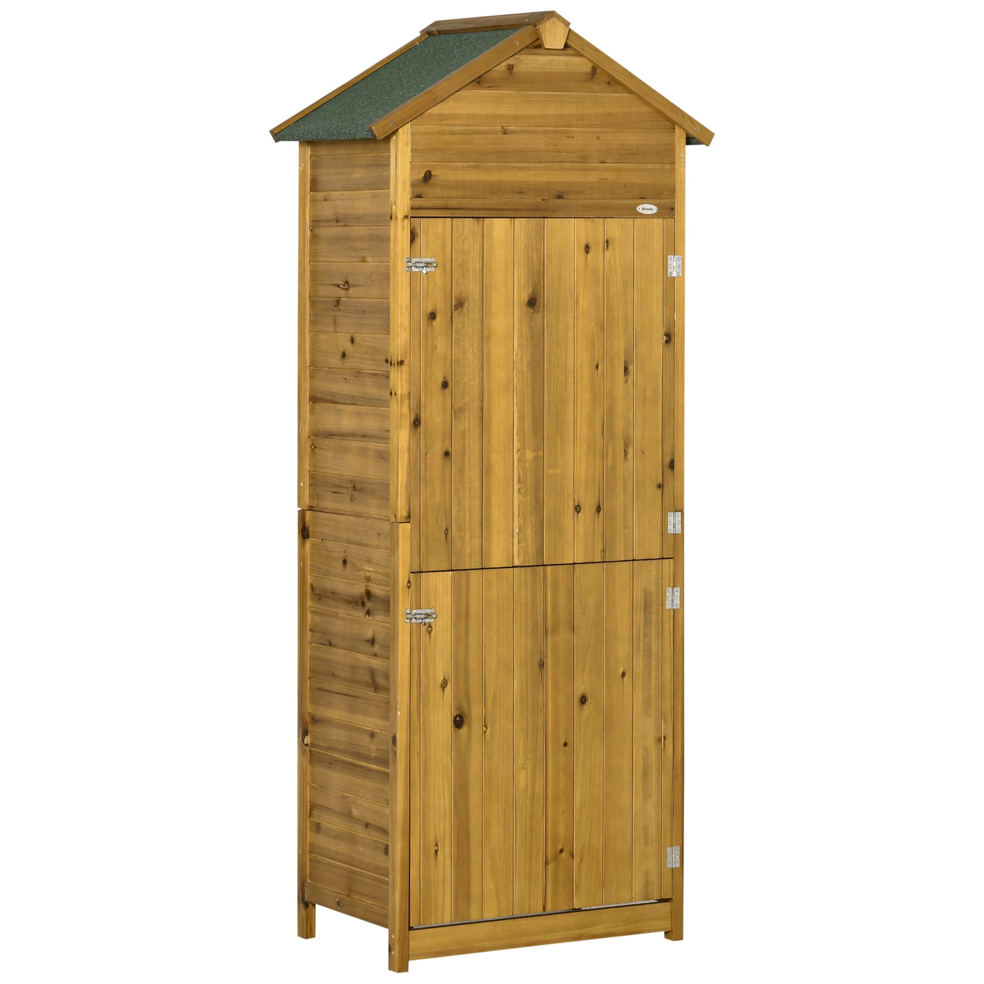 Outsunny Armario de Jardín de Madera 79x49x191,5 cm 0,28 m² Cobertizo para Almacenaje de Herramientas con Techo Asfáltico 3 Estantes y 2 Puertas con Cerrojo para Exterior Terraza Natural