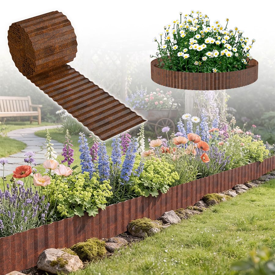 LARS360 Garden Border Edging, 15cm x 5m Metal Lawn Edging Borders, Corrugated Galvanized Flower Bed Edging, Flexible Weathering Steel Lawn Border for Flower Plants Beds and Garden, Rustic Brown