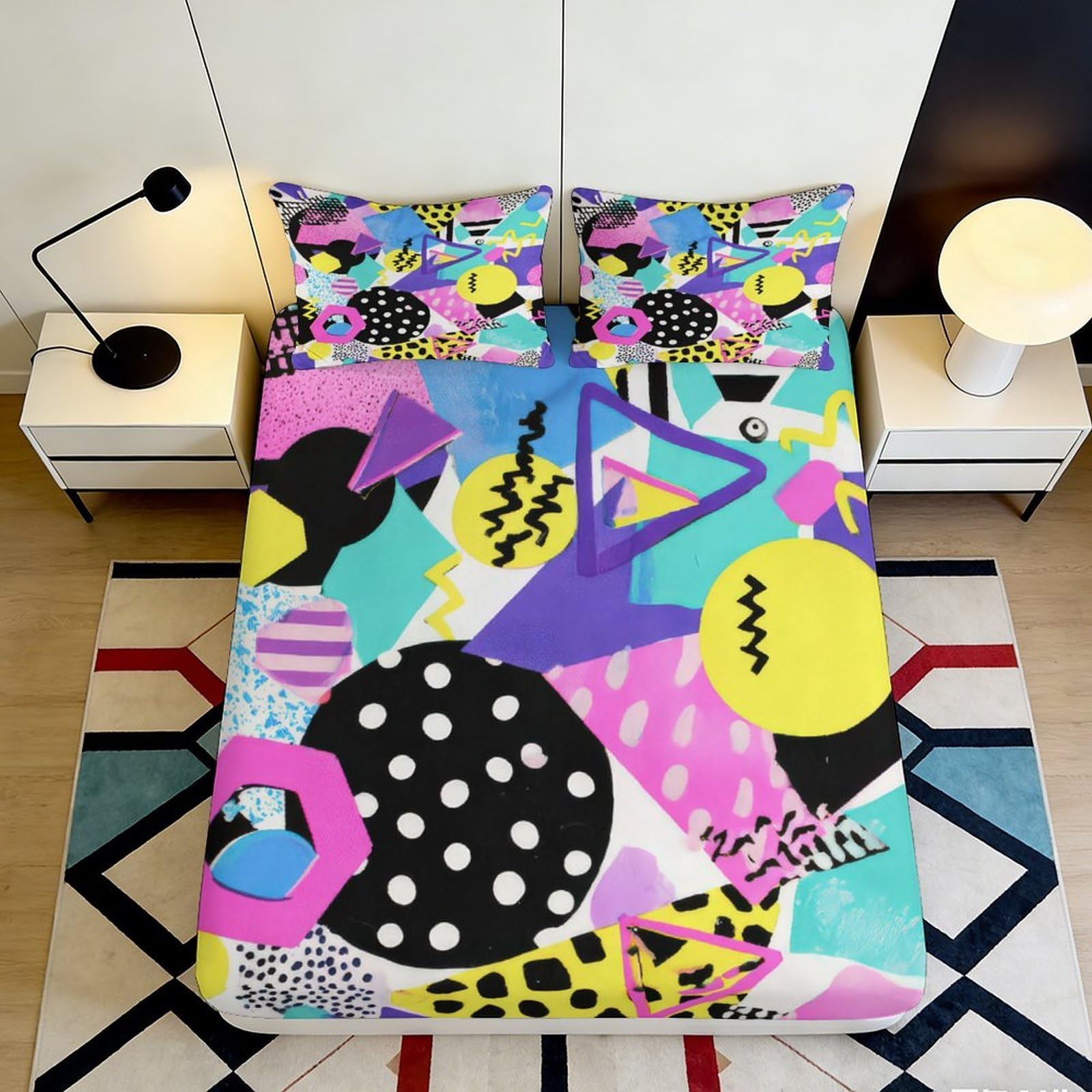 3D Printed Geometric Color Block Fitted Sheet Microfiber Soft Artistic Abstract Mattress Cover for Bedroom Dorm 90x200x25cm