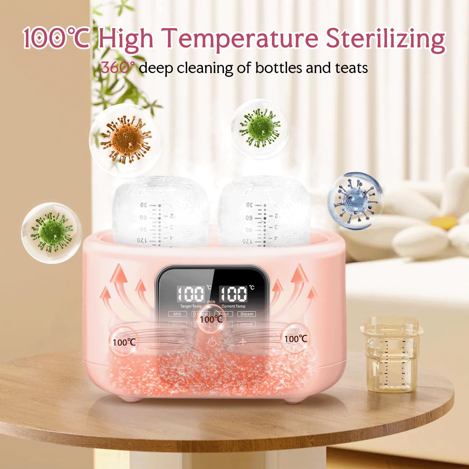 6 in 1 Flaschenwärmer Baby, Sterilisator für Babyflasche, Flaschenwärmer, Babyflaschen Wärmer, Vaporisator für Babyflasche, Babykostwärmer mit Flaschenbürste und Clip (Rosa)