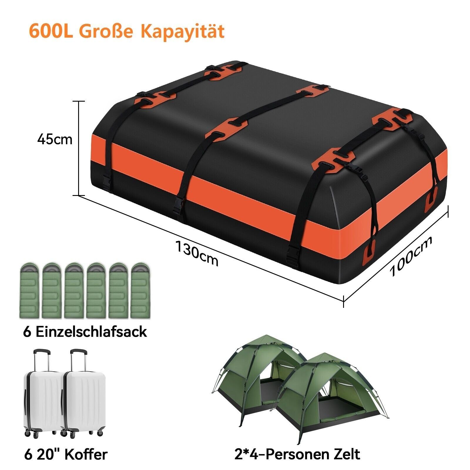 YU YUSING Auto Dachbox 600L Dachtasche Dachgepäcktasche Faltbare Wasserdicht, Dachkoffer Aufbewahrungsbox mit 6 Türhaken, 8 verstärkten Riemen, für Autos mit/ohne Gepäckträger, Vans, SUVs, Orange