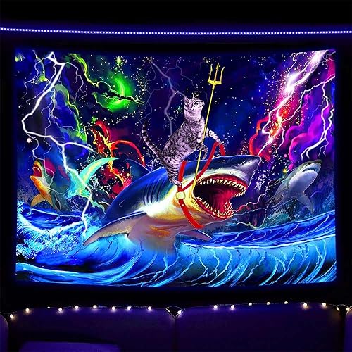 Vista 8 de SAOLUIS Divertido tapiz de gato, lindo tapiz de pared con forma de tiburón, olas del océano, arte de pared de ondas japonesas para dormitorio, Negro