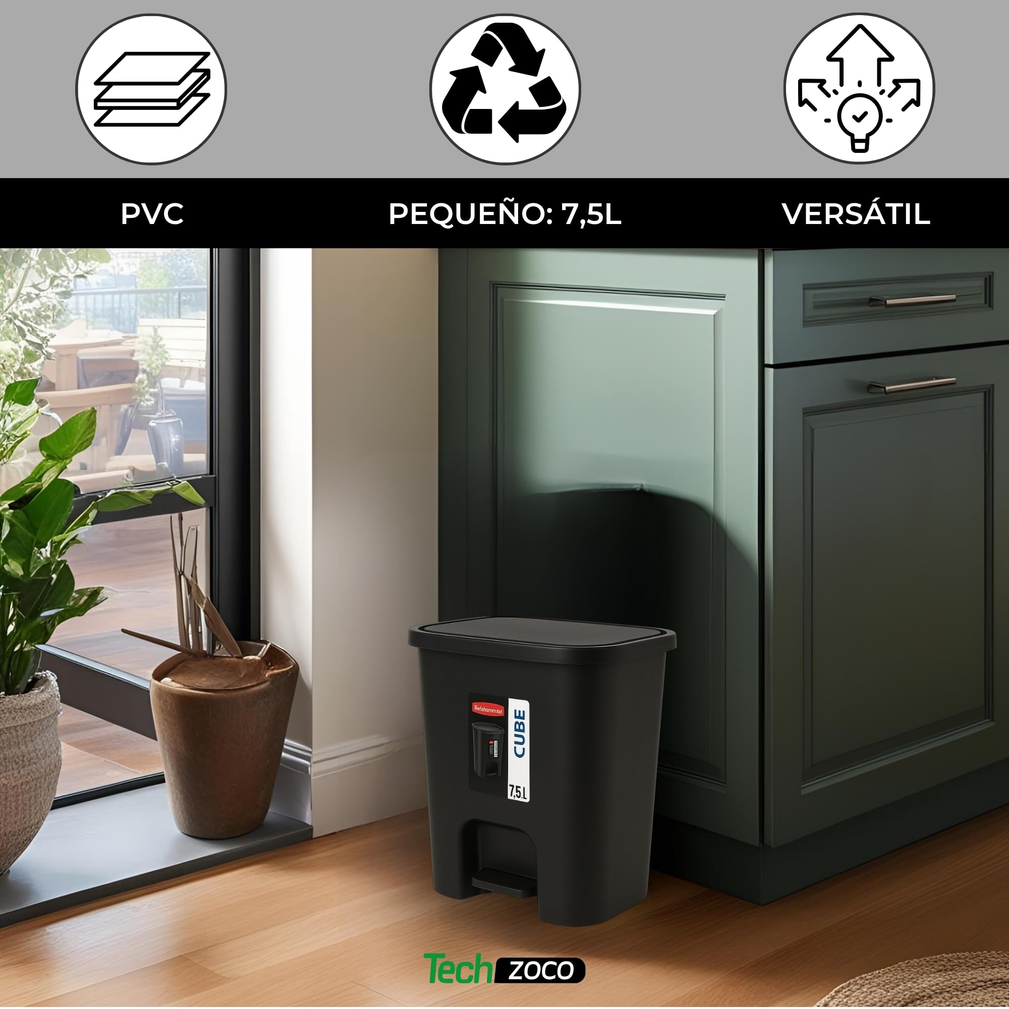 TECHZOCO Cubo basura plástico, Cubo basura apertura pedal, Papelera de pedal, cubo de Pedal, Basura para baño, Libre de BPA, 25.5 cm alto x 24 cm ancho x 22 cm fondo, Capacidad 7.5 Litros, Negro