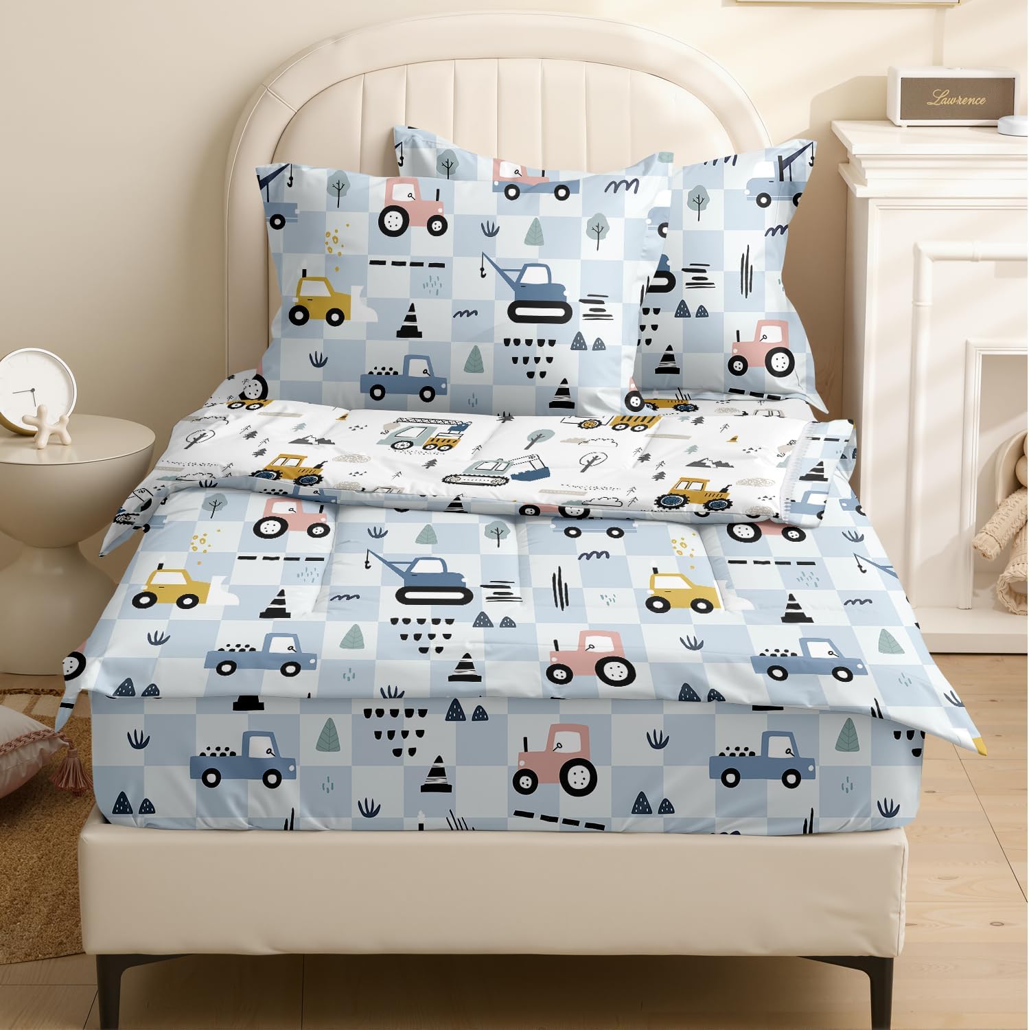 Kids Comforter Set,Zipper Bedding Twin for Boys,Construction Printed Comforter Set with Tractor Fitted Sheets and Pillowcases for All Season(Truck)