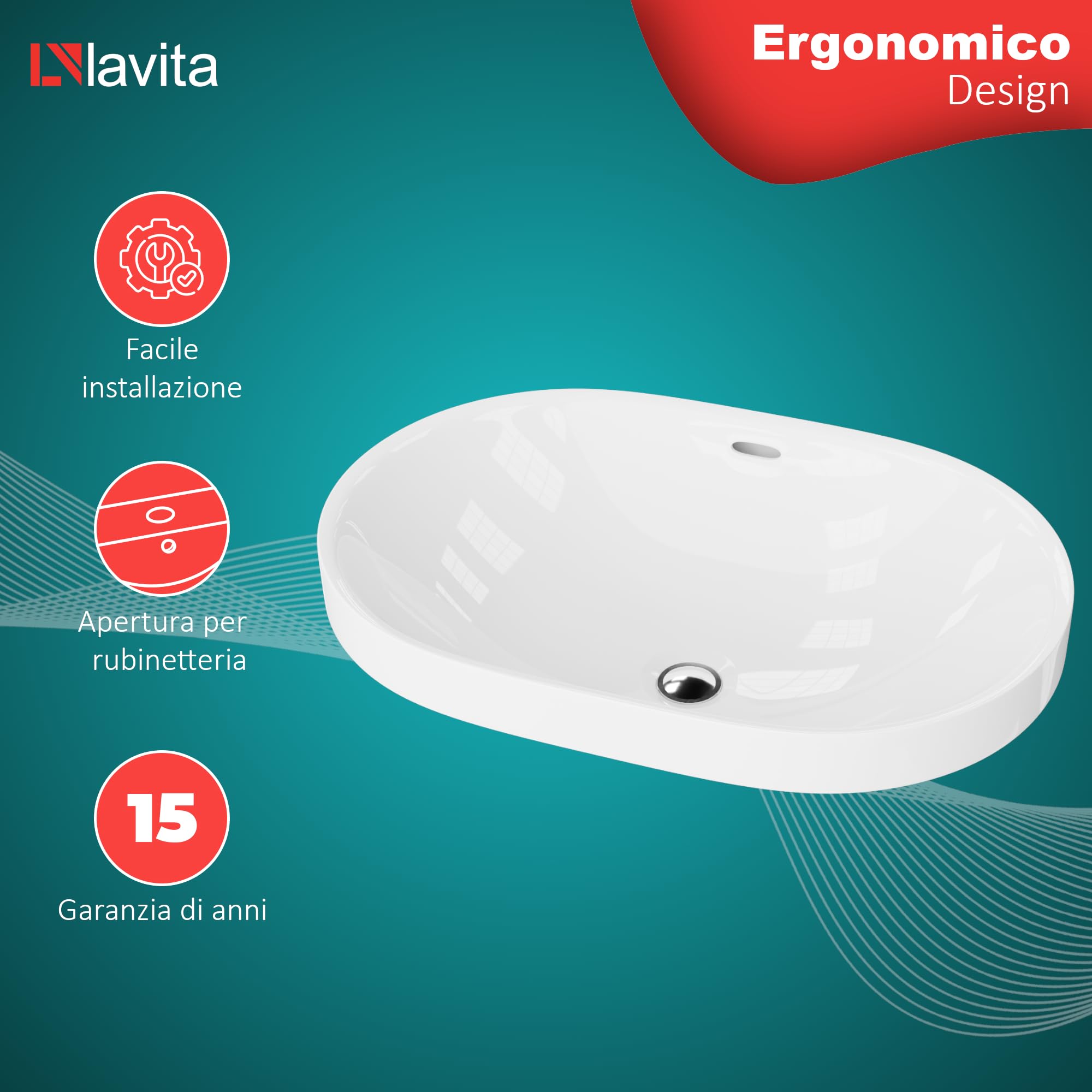 LAVITA Lavabo a incasso Puebla | Lavabo sospeso | lavabo rotondo con troppopieno e senza foro per rubinetto | ceramica di alta qualità | bagno, 60 x 39 x 16,5 cm | bianco lucido