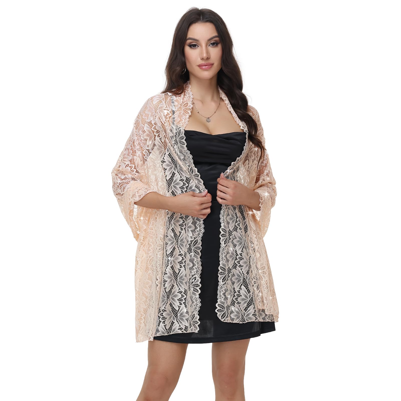 Ladiery Sparkly Shawls and Wraps for Evening Dresses,Sequin Lace Wedding Shawl with Rhinestones, Formal Stole for Party
