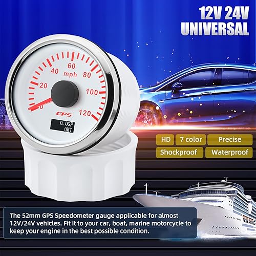 Miniatura 3 de ARTILAURA 2.047 in 2-16 "GPS velocímetro barco GPS velocímetro odómetro coche 120MPH 7 color impermeable marino digital GPS medidor 9-32V (blanco)