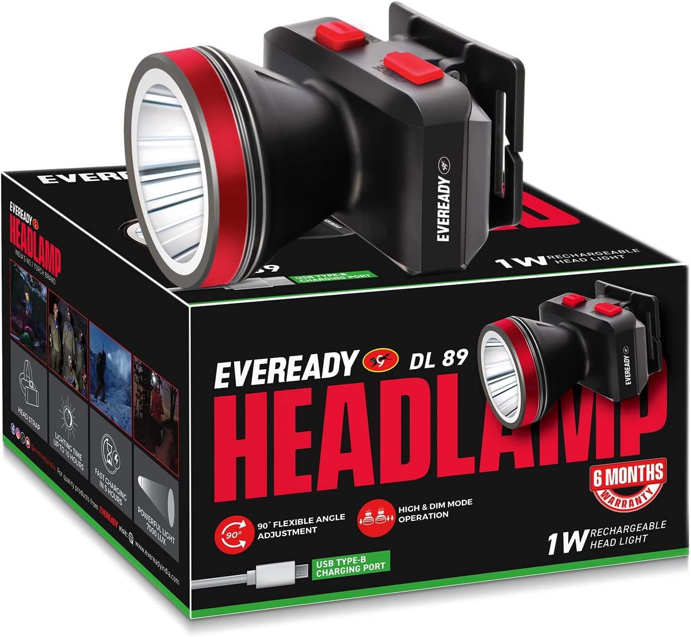 Headlamp DL89, Rechargeable 1W Led Emergency Head Light Torch, 90° Tilt, Easy to Mount (Can Be Worn Without A Helmet), Type-B/Micro-USB Fast Charging, Powered By Li-Ion Battery